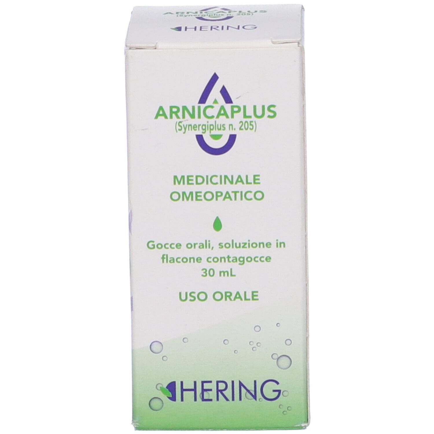 Scatola bianca con scritta: Arnicaplus (Synergipus n. 205), Hering. Prodotto medico. Gocce.
