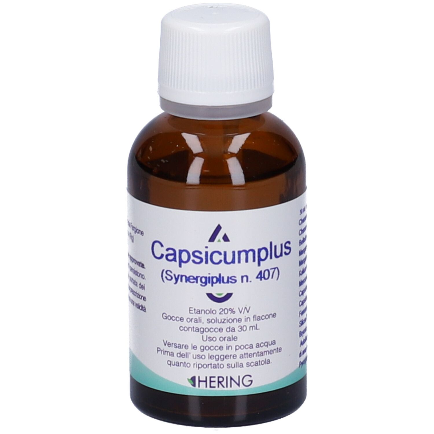 Flacone di vetro marrone con tappo bianco. Scritta: Capsicumplus (Synergipus n. 407). Marchio: HERING.