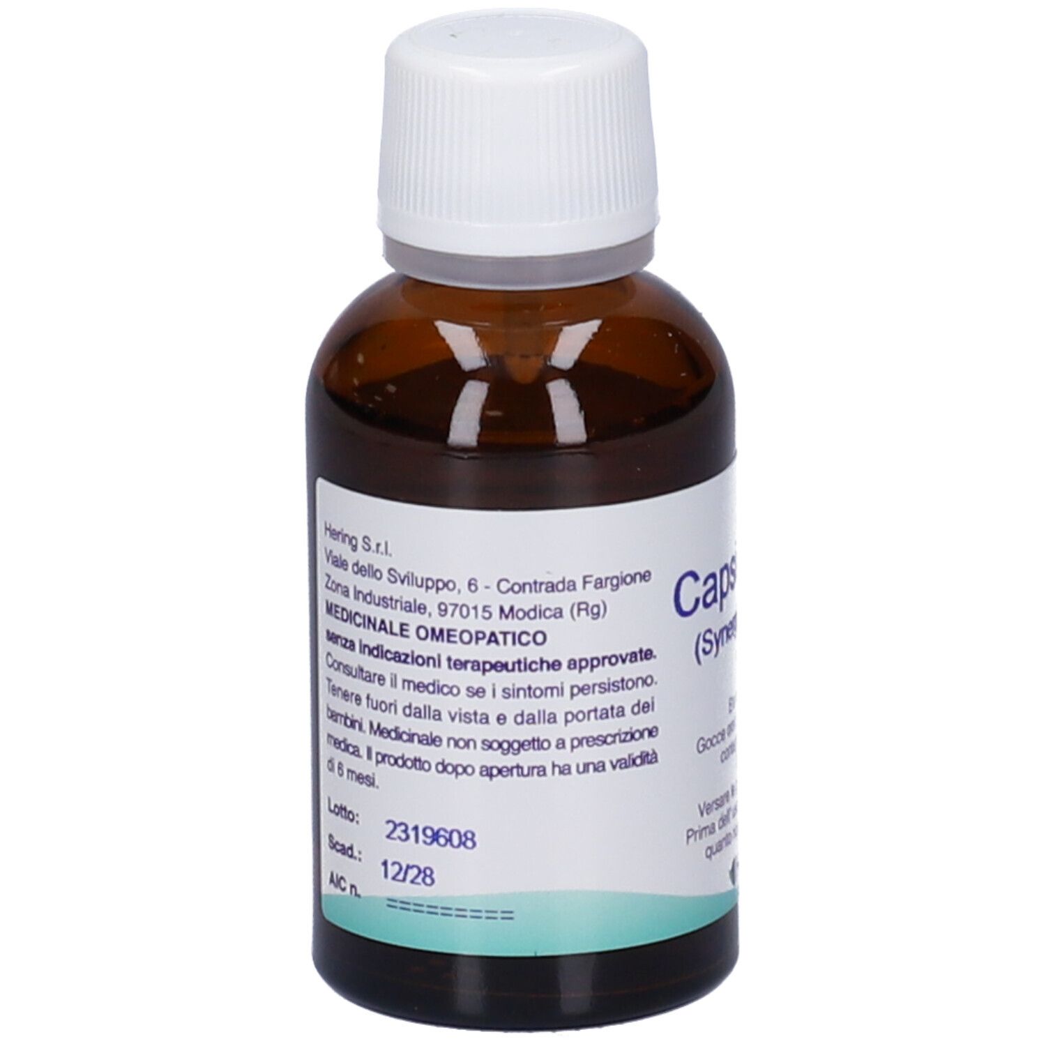 Flacone di vetro marrone con tappo bianco. Scritta: Capsicumplus (Synergipus n. 407). Marchio: HERING.