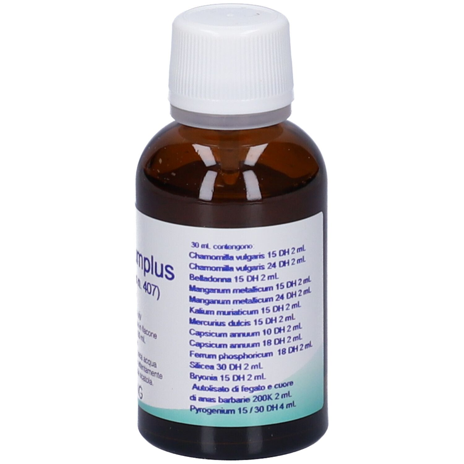 Flacone di vetro marrone con tappo bianco. Scritta: Capsicumplus (Synergipus n. 407). Marchio: HERING.