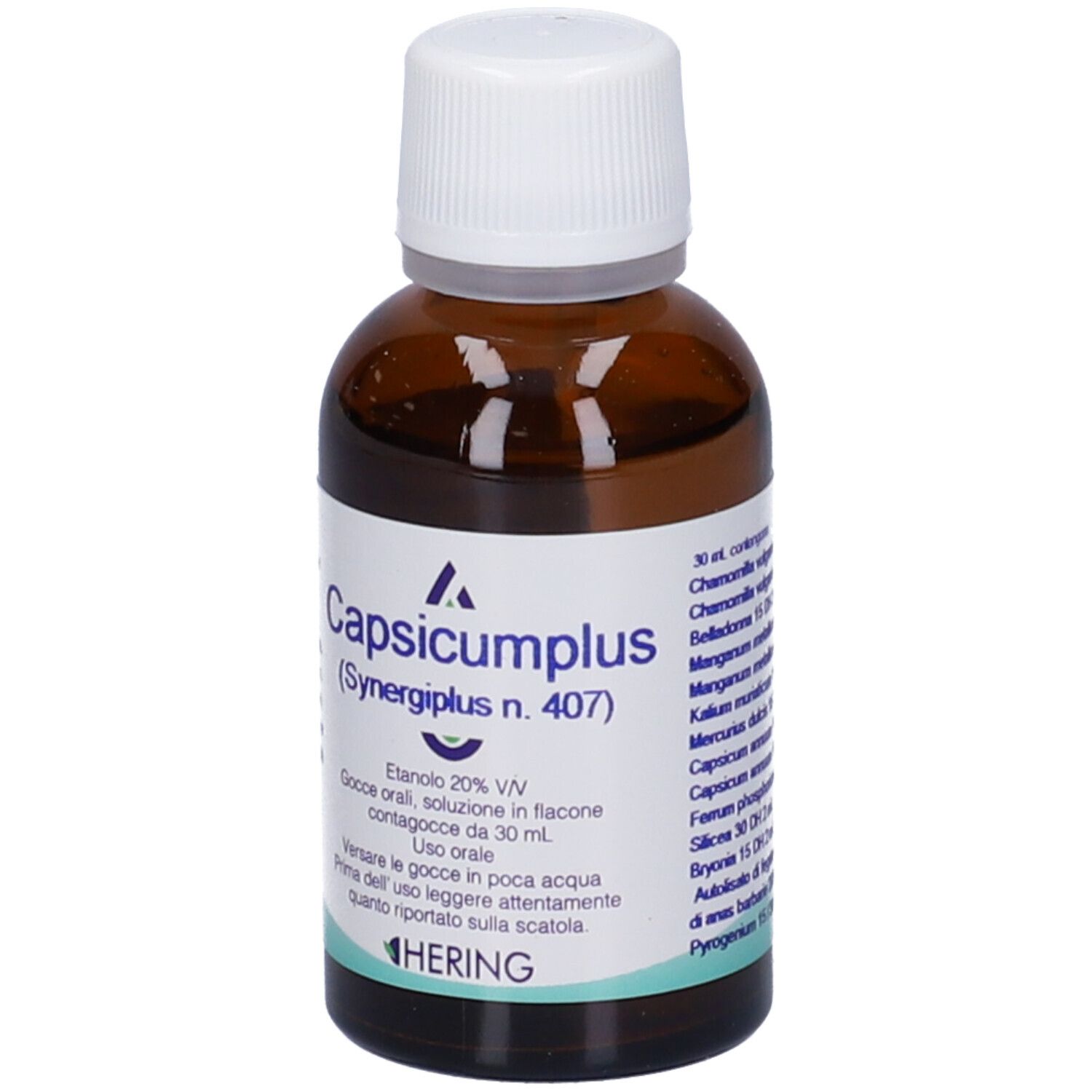 Flacone di vetro marrone con tappo bianco. Scritta: Capsicumplus (Synergipus n. 407). Marchio: HERING.