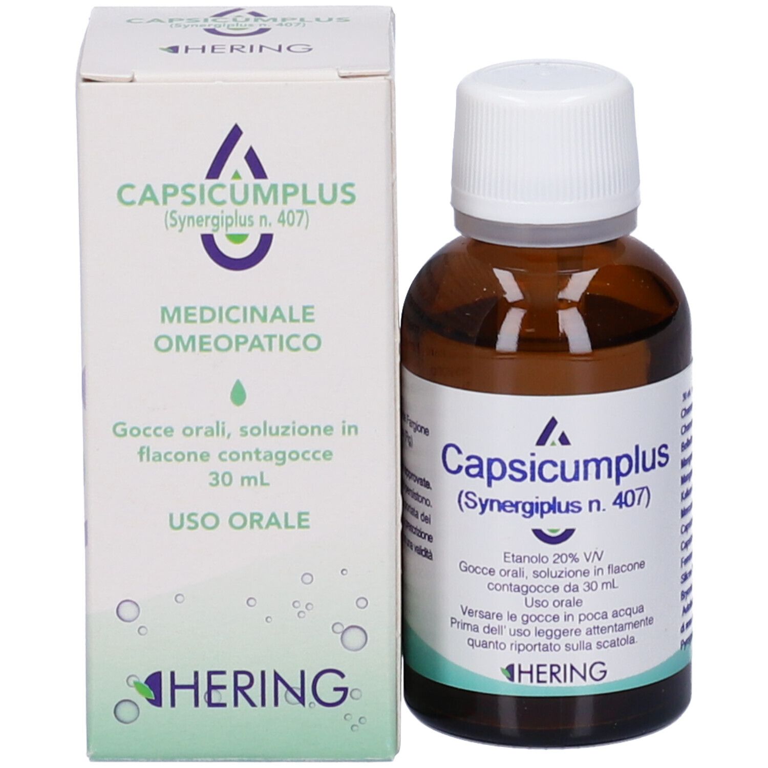 Confezione e flacone del prodotto. Scritta: Capsicumplus (Synergipus n. 407). Marchio: HERING.