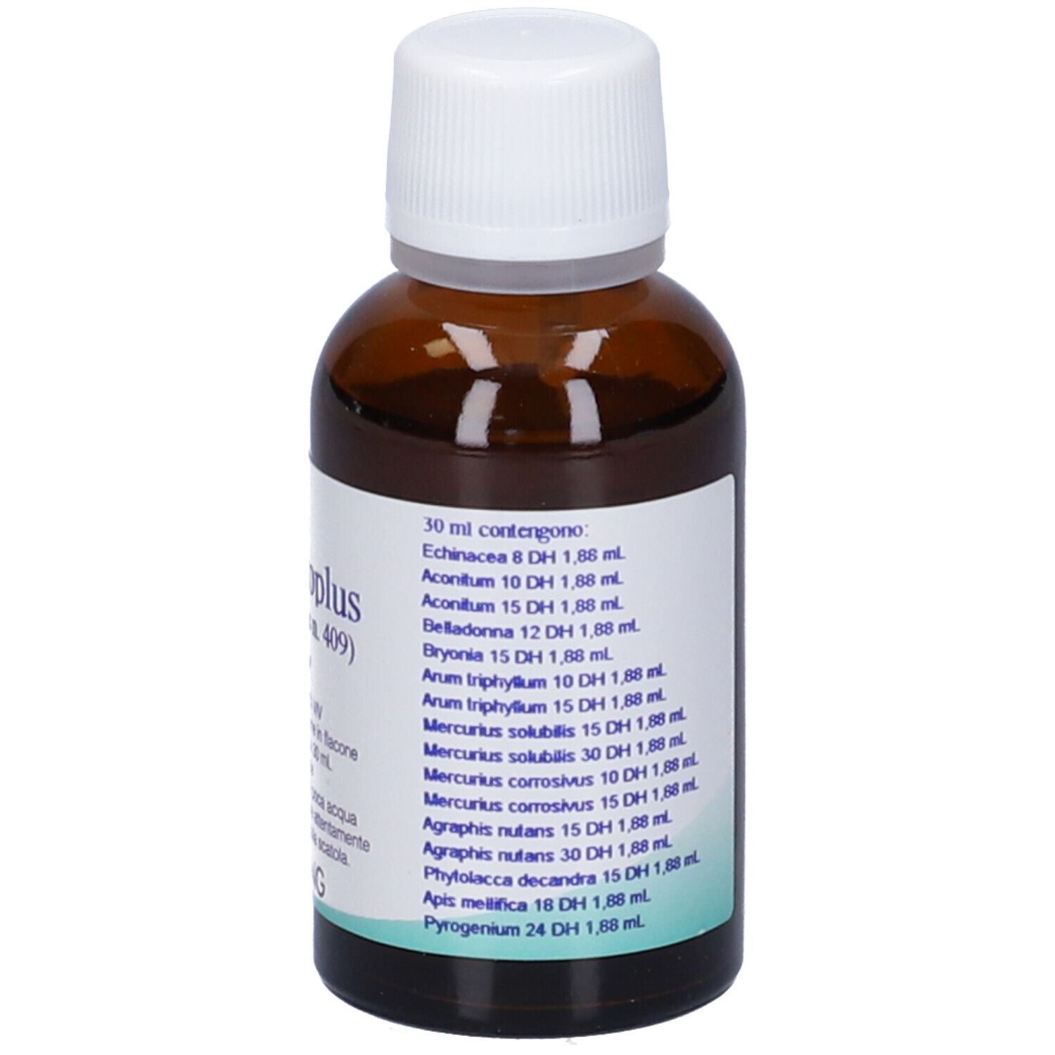 Retro di un flacone di vetro marrone con tappo bianco. Scritta: Ingredienti, 30 ml, Hering.