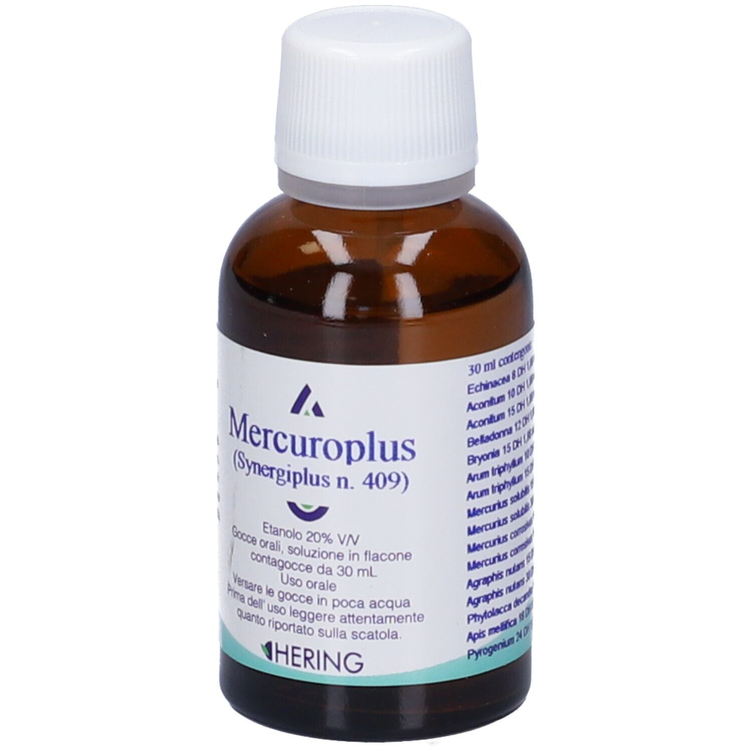 Flacone di vetro marrone con tappo bianco. Scritta: Mercuroplus (Synergipus n. 409), Hering. 30 ml.