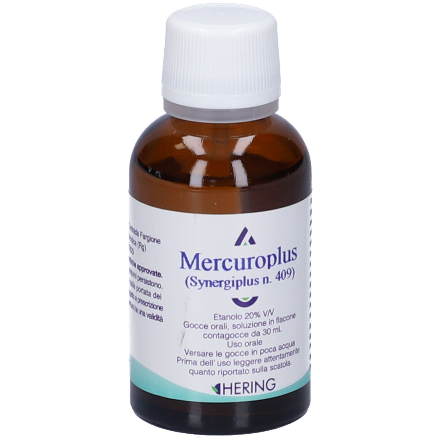 Flacone di vetro marrone con tappo bianco. Scritta: Mercuroplus (Synergipus n. 409), Hering. 30 ml.