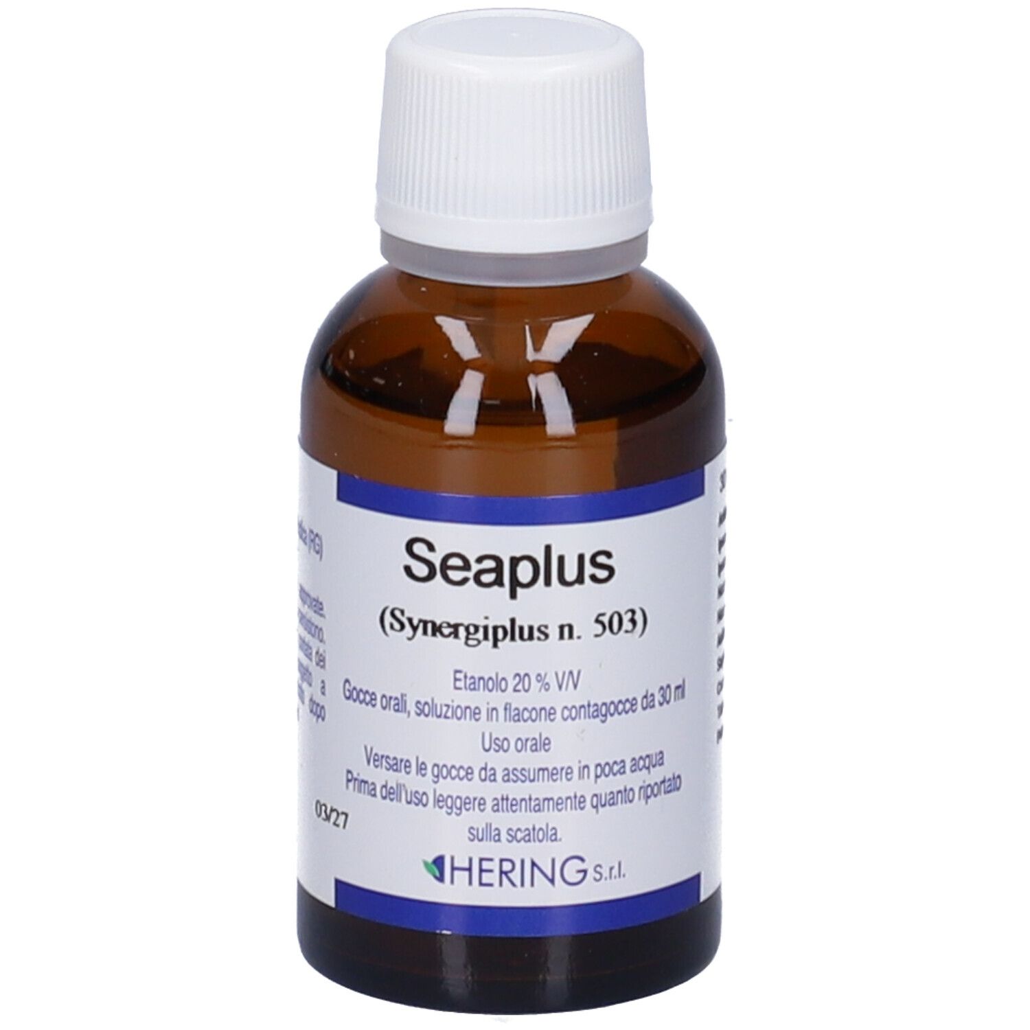 Flacone di vetro marrone con tappo bianco. L'etichetta indica Seaplus (Synergiplus n. 503).