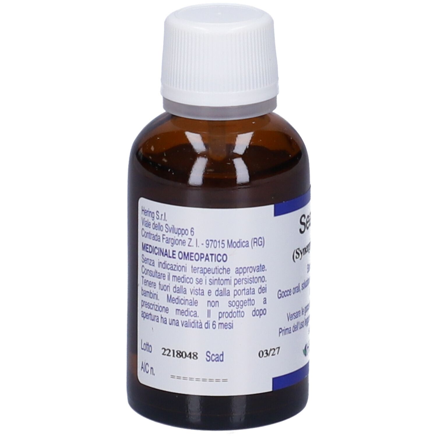 Flacone di vetro marrone con tappo bianco. Etichetta con testo. L'etichetta indica Seaplus (Synergiplus n. 503).