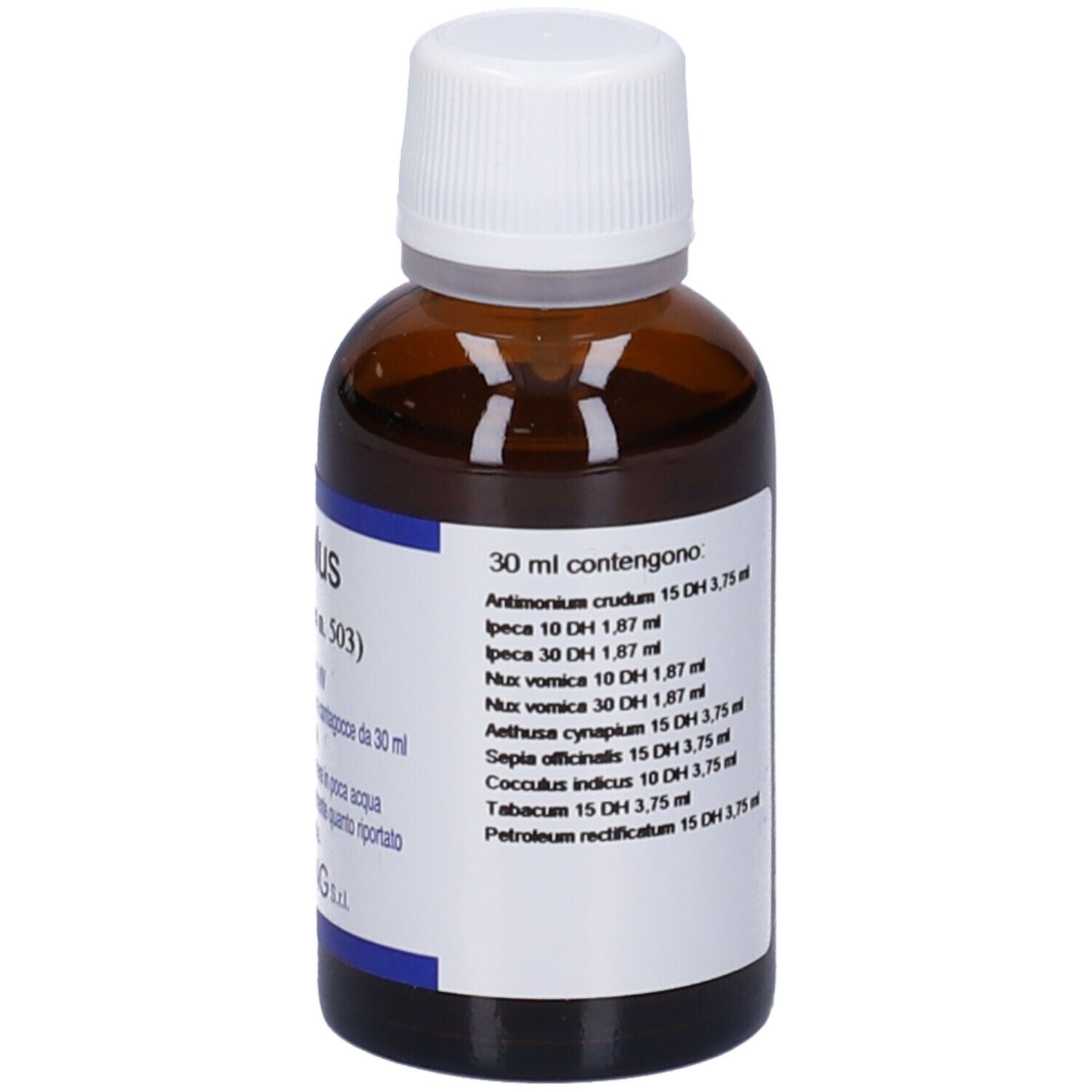 Flacone di vetro marrone con tappo bianco. Etichetta con testo. L'etichetta indica Seaplus (Synergiplus n. 503).