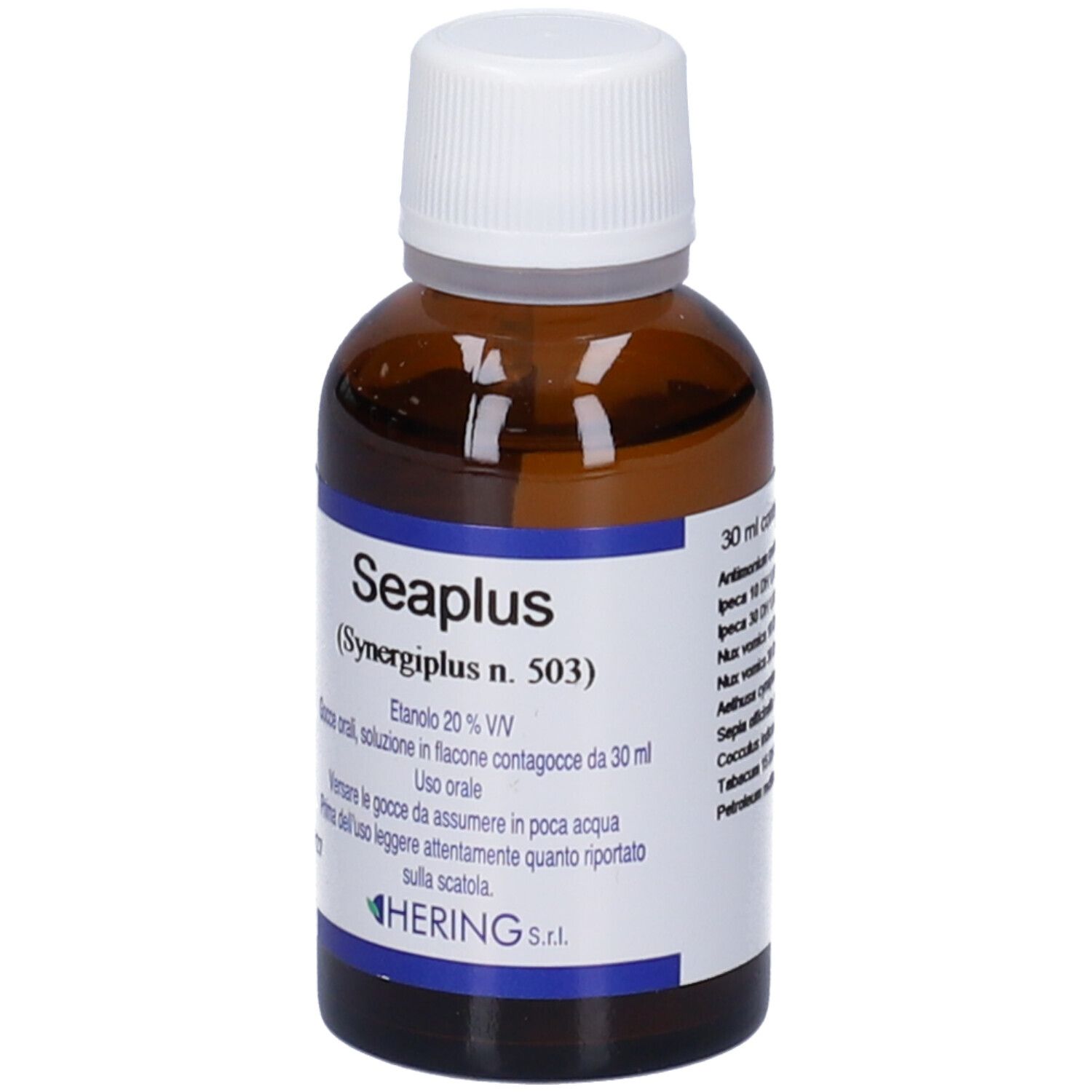 Flacone di vetro marrone con tappo bianco. L'etichetta indica Seaplus (Synergiplus n. 503).