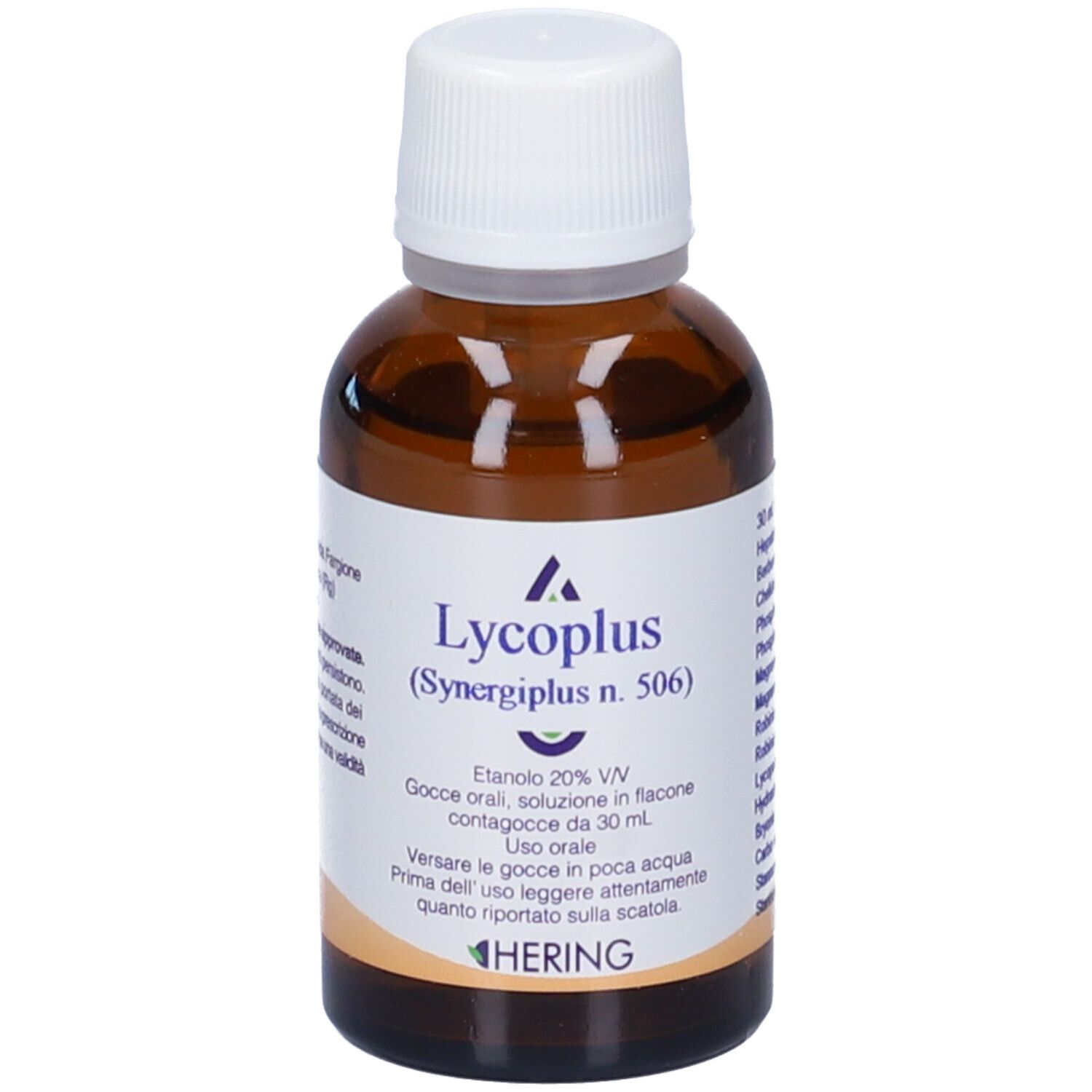 Flacone di vetro marrone con tappo bianco. Scritta: Lycoplus (Synergiplus n. 506).