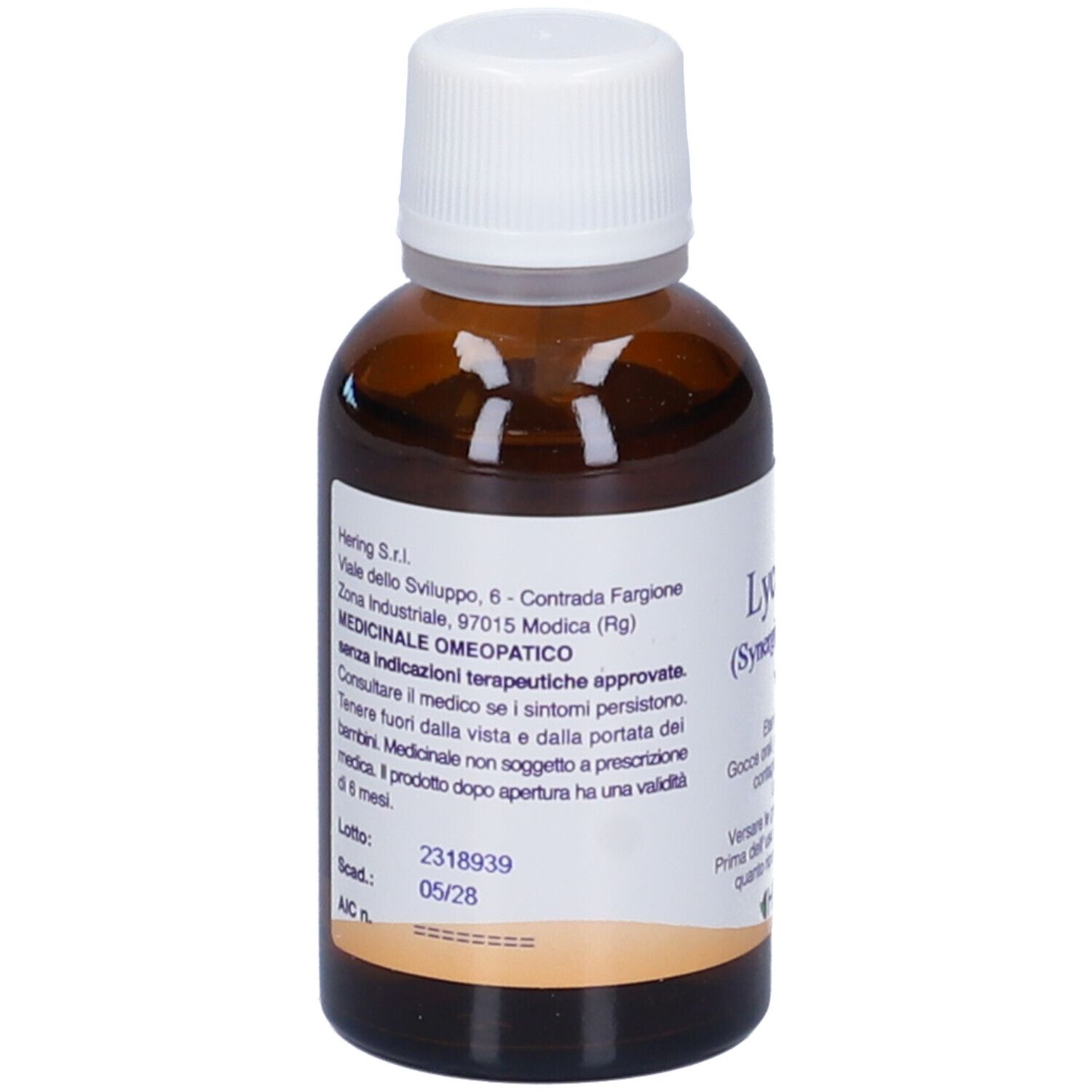 Flacone di vetro marrone con tappo bianco. Testo sul retro. Scritta: Medicinale omeopatico.