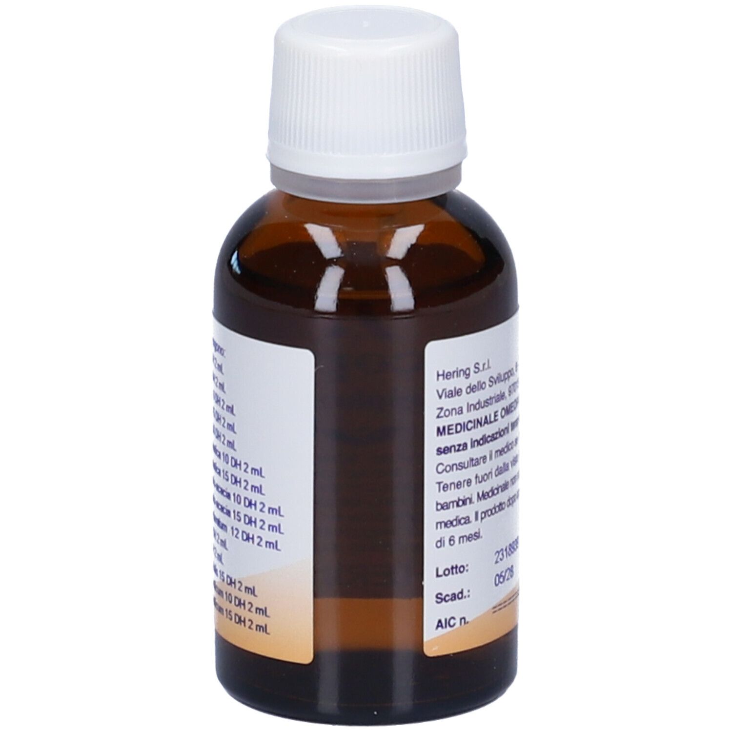 Flacone di vetro marrone con tappo bianco. Testo sul retro. Scritta: Medicinale omeopatico.