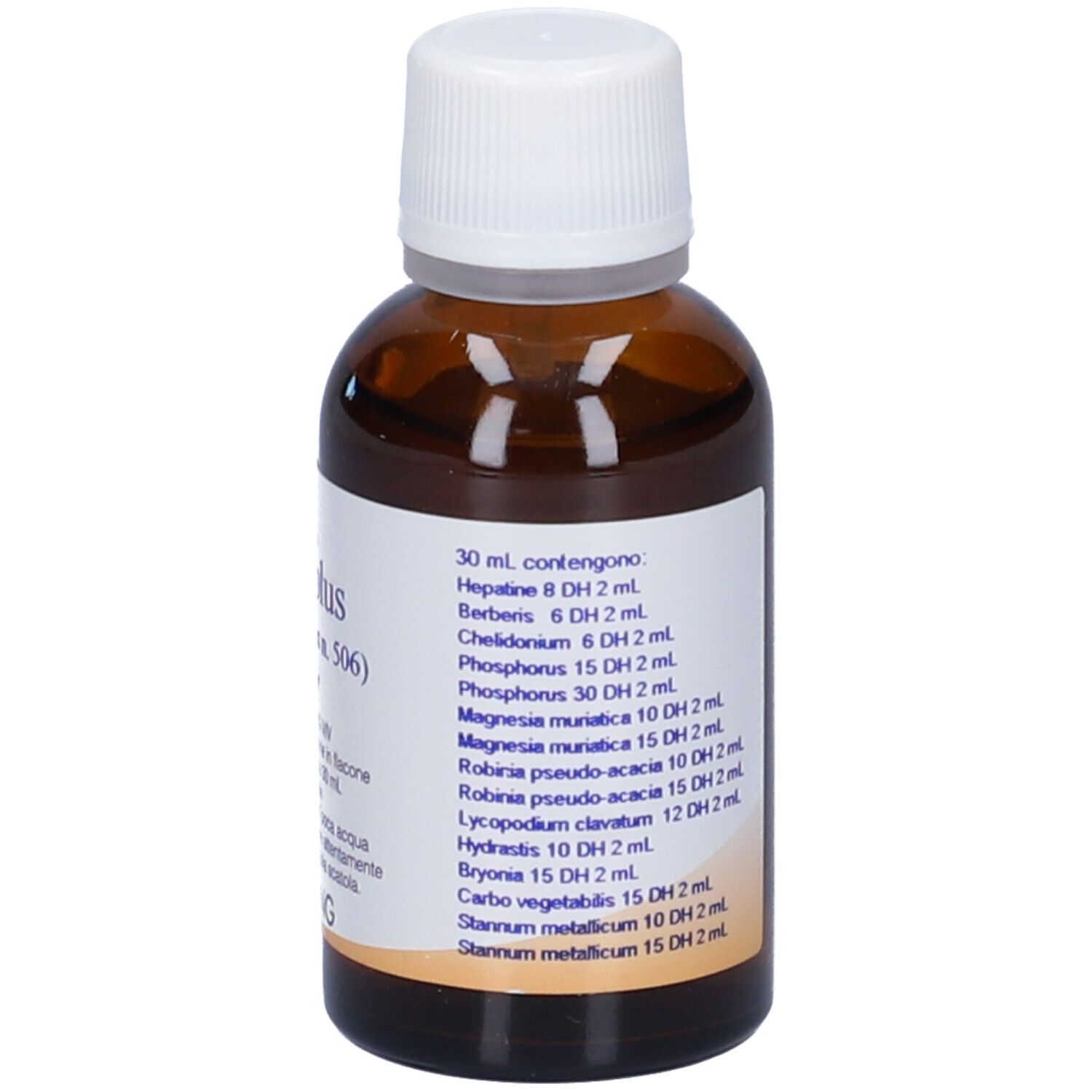 Flacone di vetro marrone con tappo bianco. Testo sul retro. Scritta: 30 ml contengono.