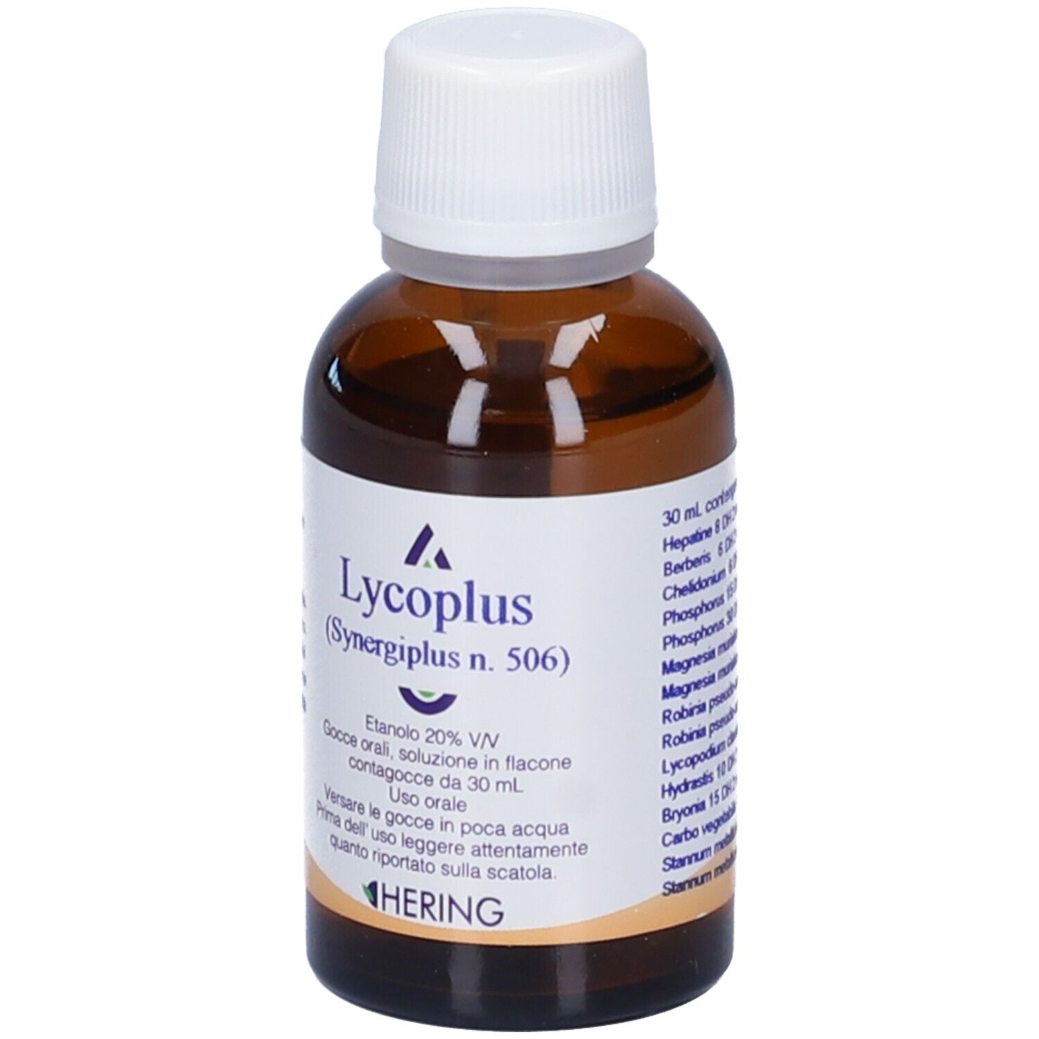 Flacone di vetro marrone con tappo bianco. Scritta: Lycoplus (Synergiplus n. 506).