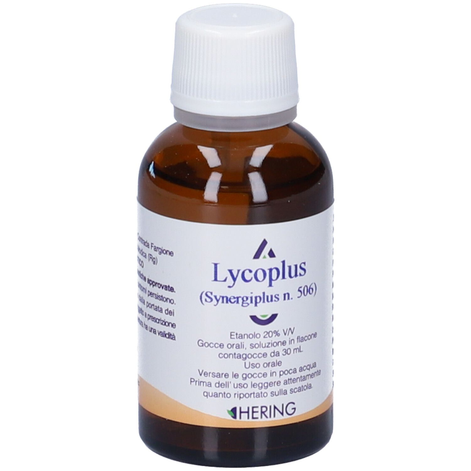 Flacone di vetro marrone con tappo bianco. Scritta: Lycoplus (Synergiplus n. 506).