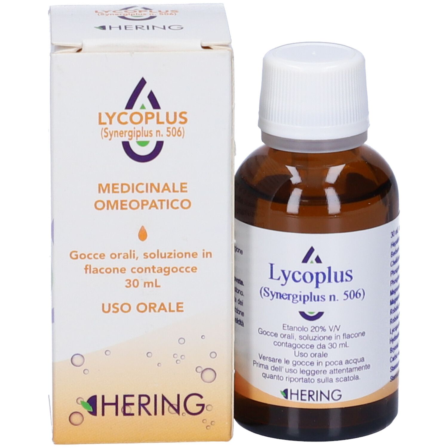 Flacone di vetro marrone e scatola. Scritta: Lycoplus (Synergiplus n. 506). Marchio: Hering.