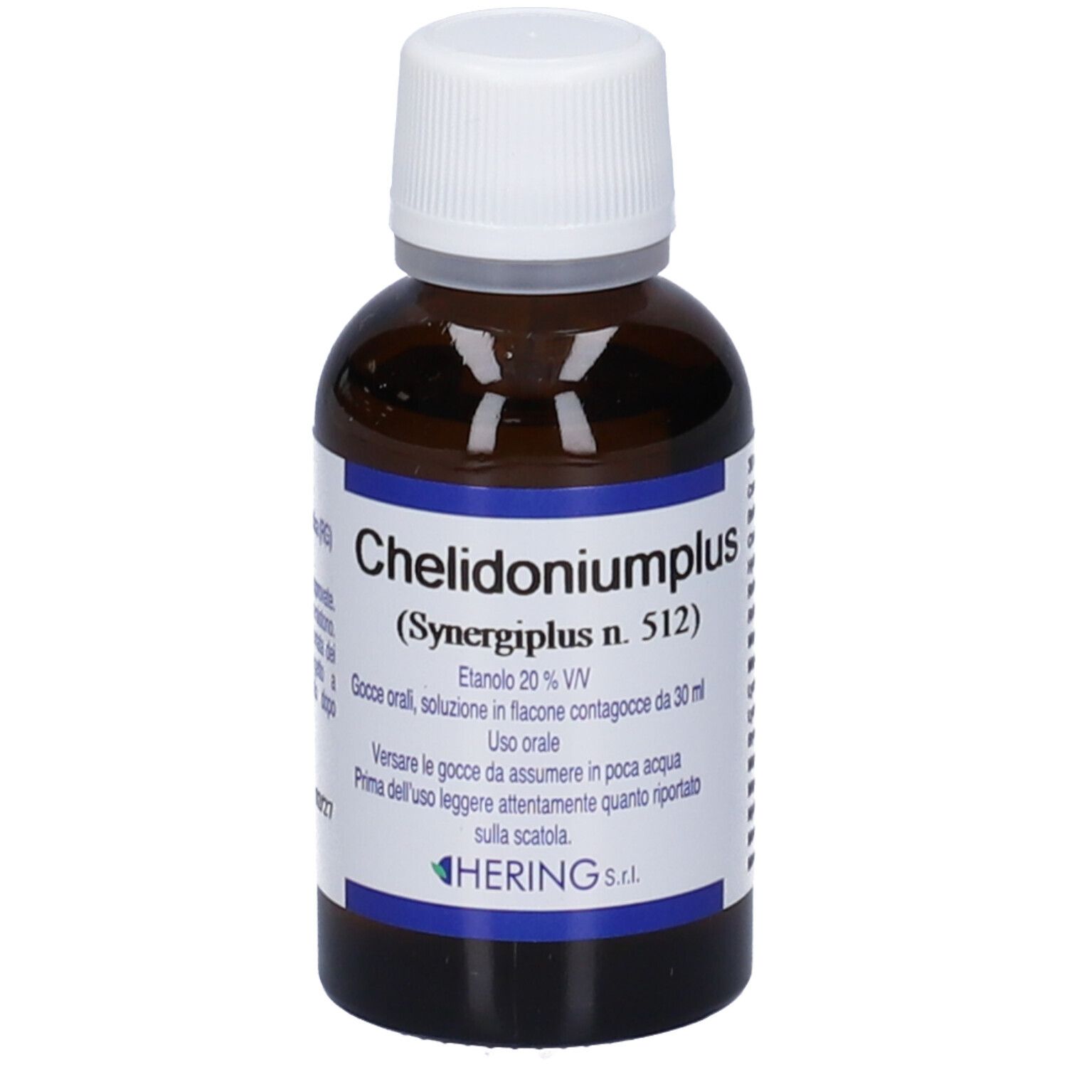 Flacone in vetro marrone con tappo bianco. Scritta: Chelidoniumplus, gocce 30 ml. Marchio: HERING.