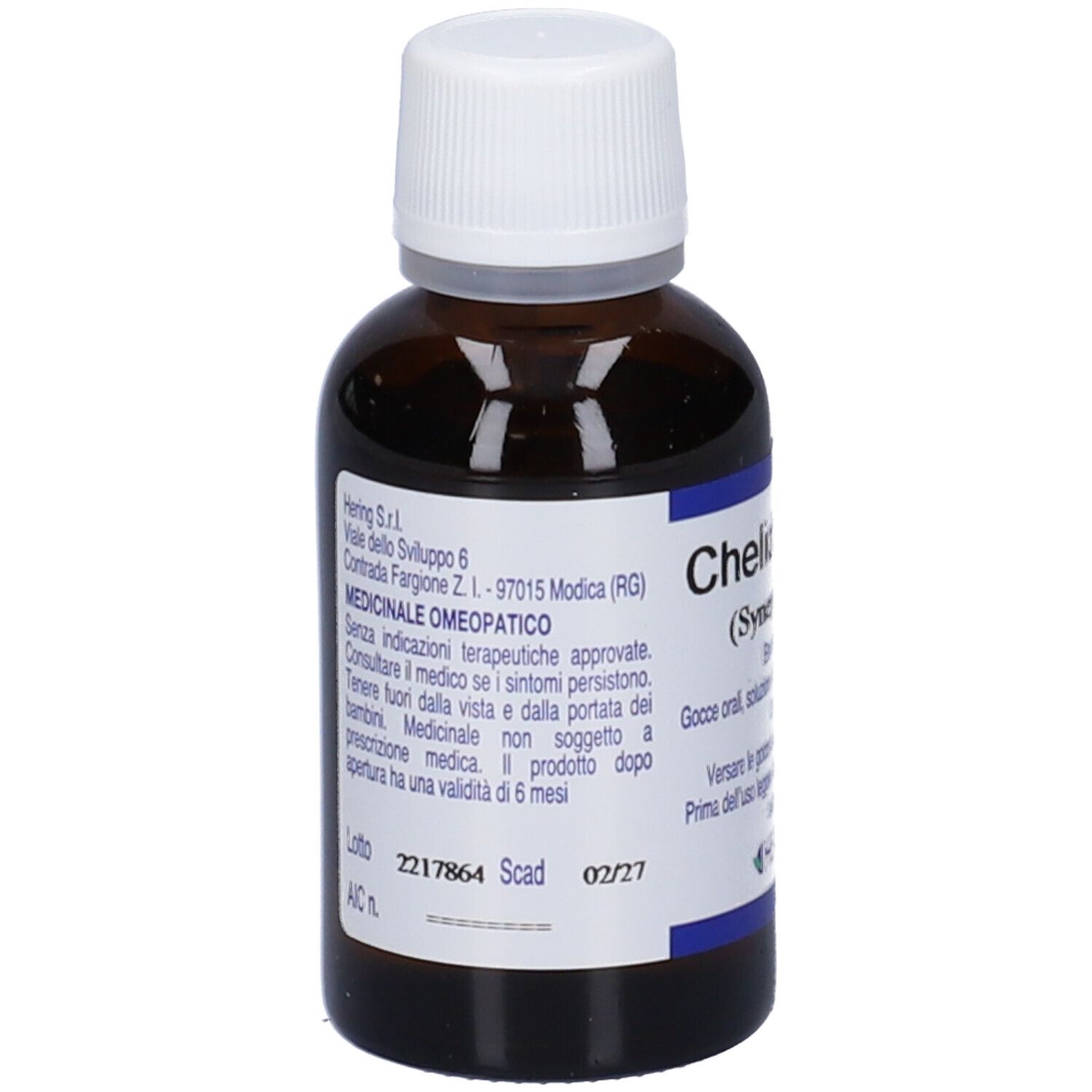 Flacone in vetro marrone con tappo bianco. Scritta: Chelidoniumplus, gocce 30 ml. Marchio: HERING.