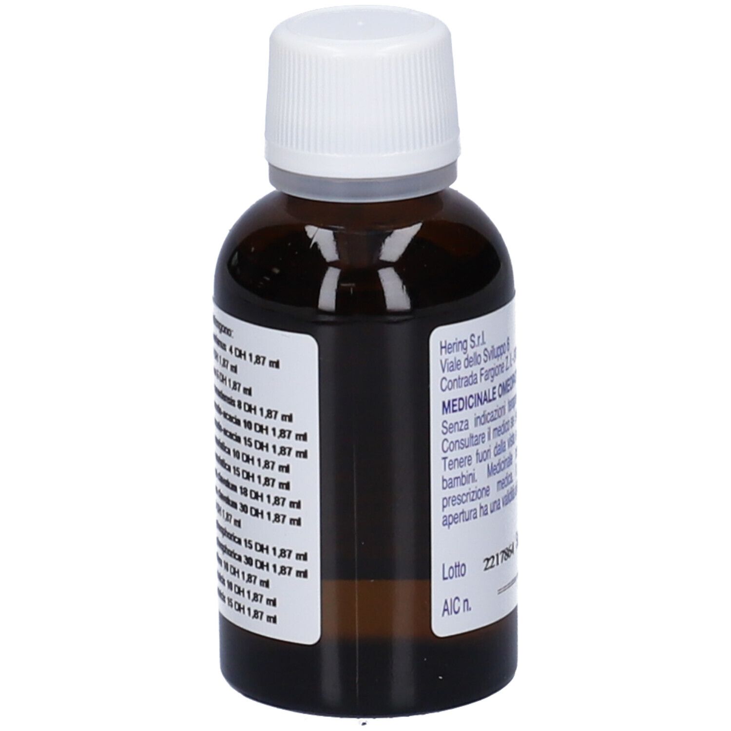 Flacone in vetro marrone con tappo bianco. Scritta: Chelidoniumplus, gocce 30 ml. Marchio: HERING.