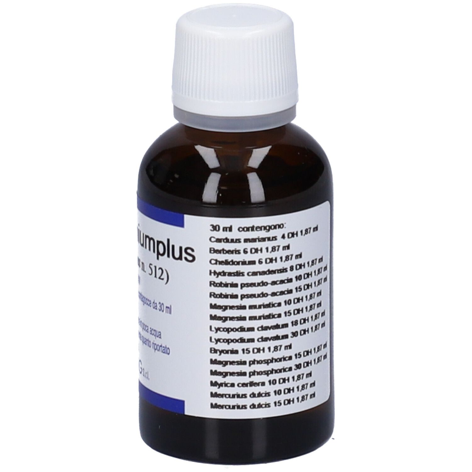 Flacone in vetro marrone con tappo bianco. Scritta: Chelidoniumplus, gocce 30 ml. Marchio: HERING.