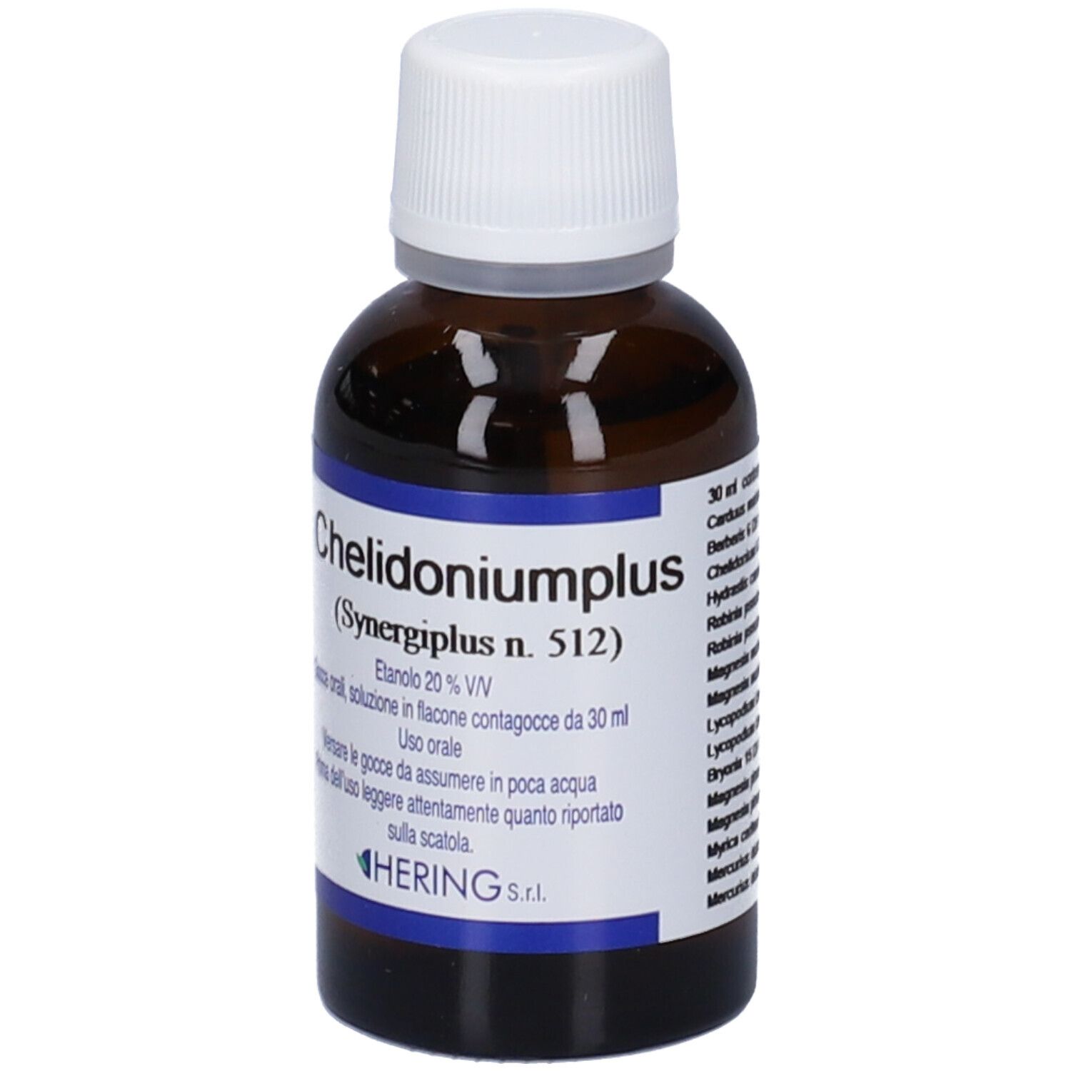 Flacone in vetro marrone con tappo bianco. Scritta: Chelidoniumplus, gocce 30 ml. Marchio: HERING.