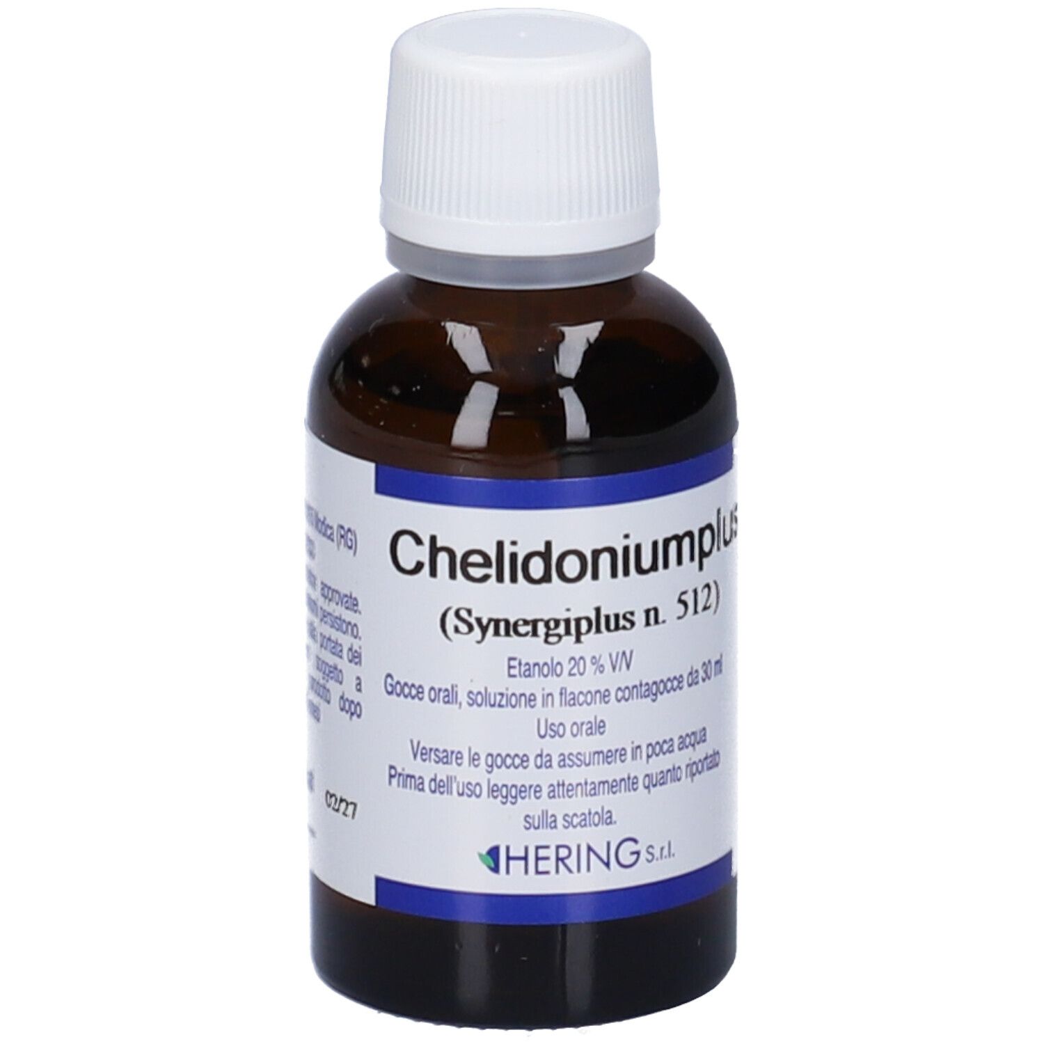 Flacone in vetro marrone con tappo bianco. Scritta: Chelidoniumplus, gocce 30 ml. Marchio: HERING.