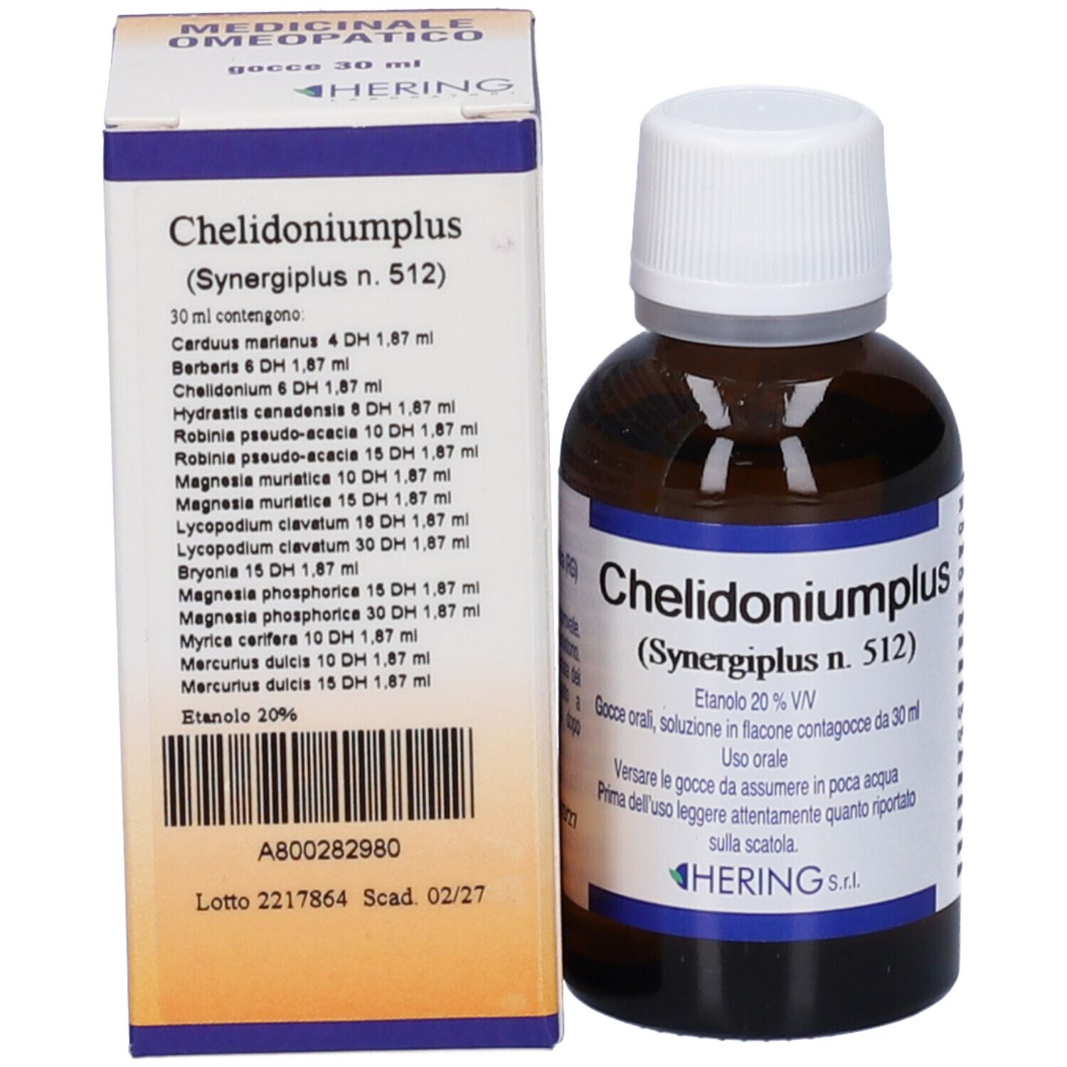 Flacone in vetro marrone e scatola. Scritta: Chelidoniumplus, gocce 30 ml. Marchio: HERING.