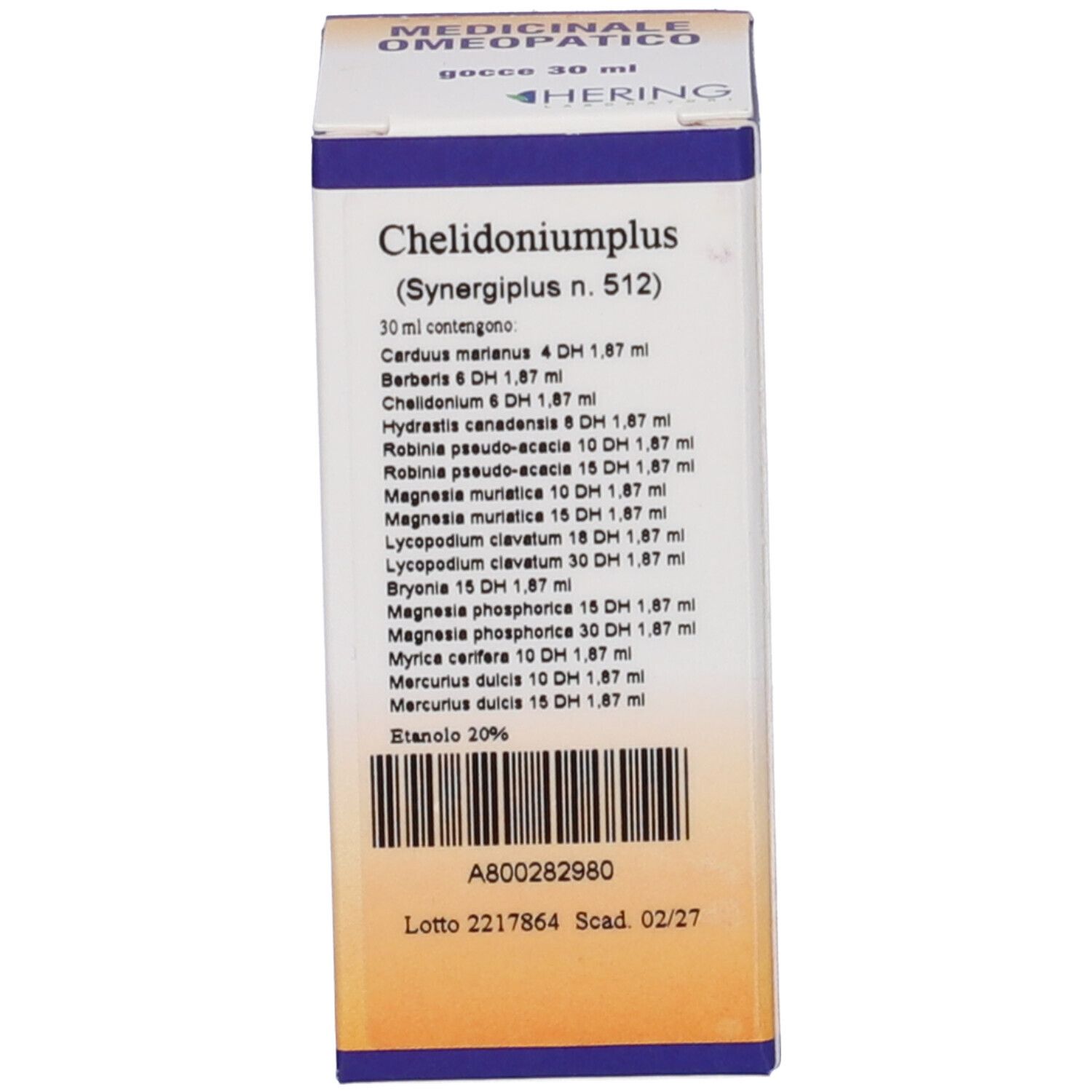 Scatola con scritta: Chelidoniumplus, gocce 30 ml. Marchio: HERING. Ingredienti elencati.