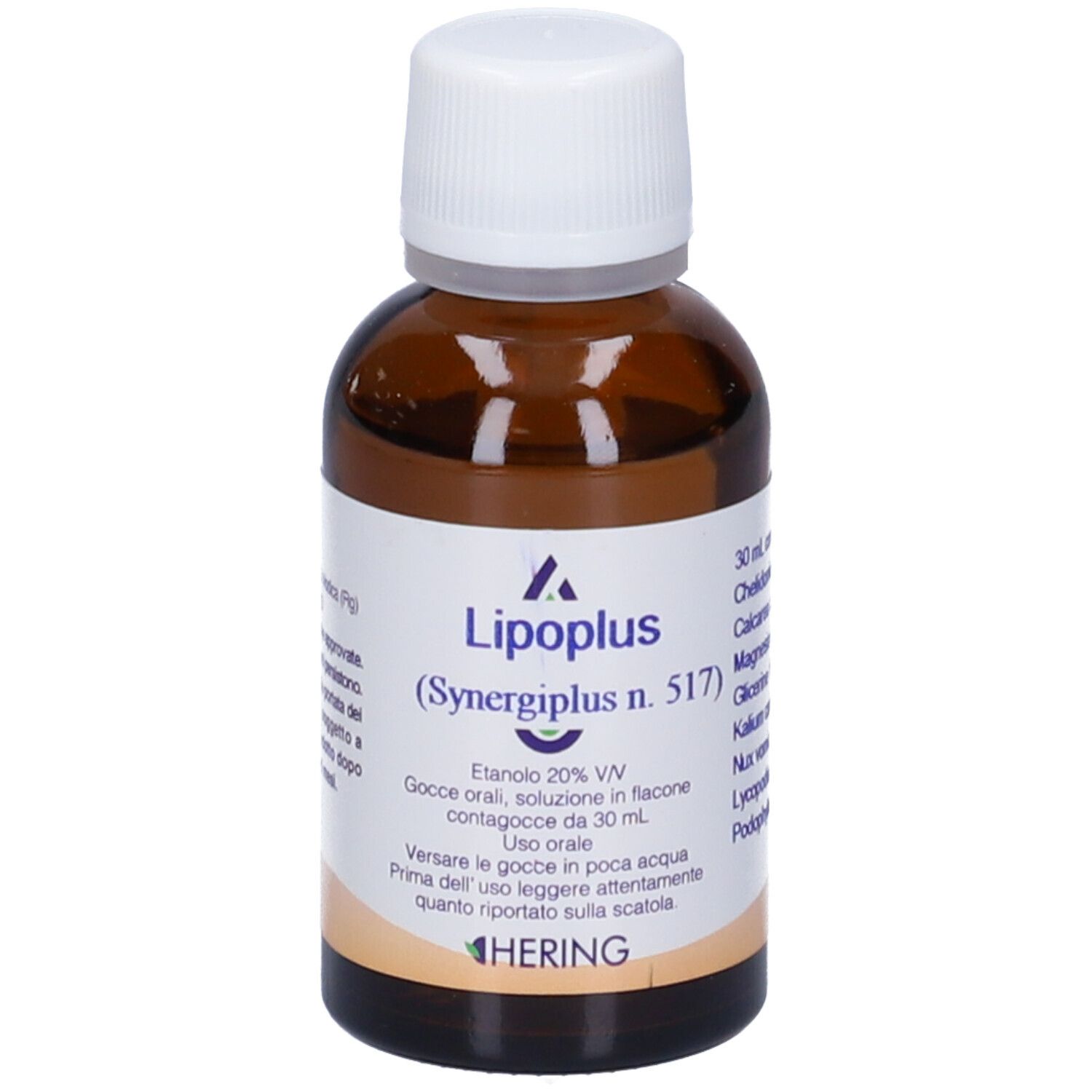 Lipoplus (Synergiplus n. 517) in flacone di vetro marrone con tappo bianco. Etichetta con informazioni sul prodotto. Logo Hering.