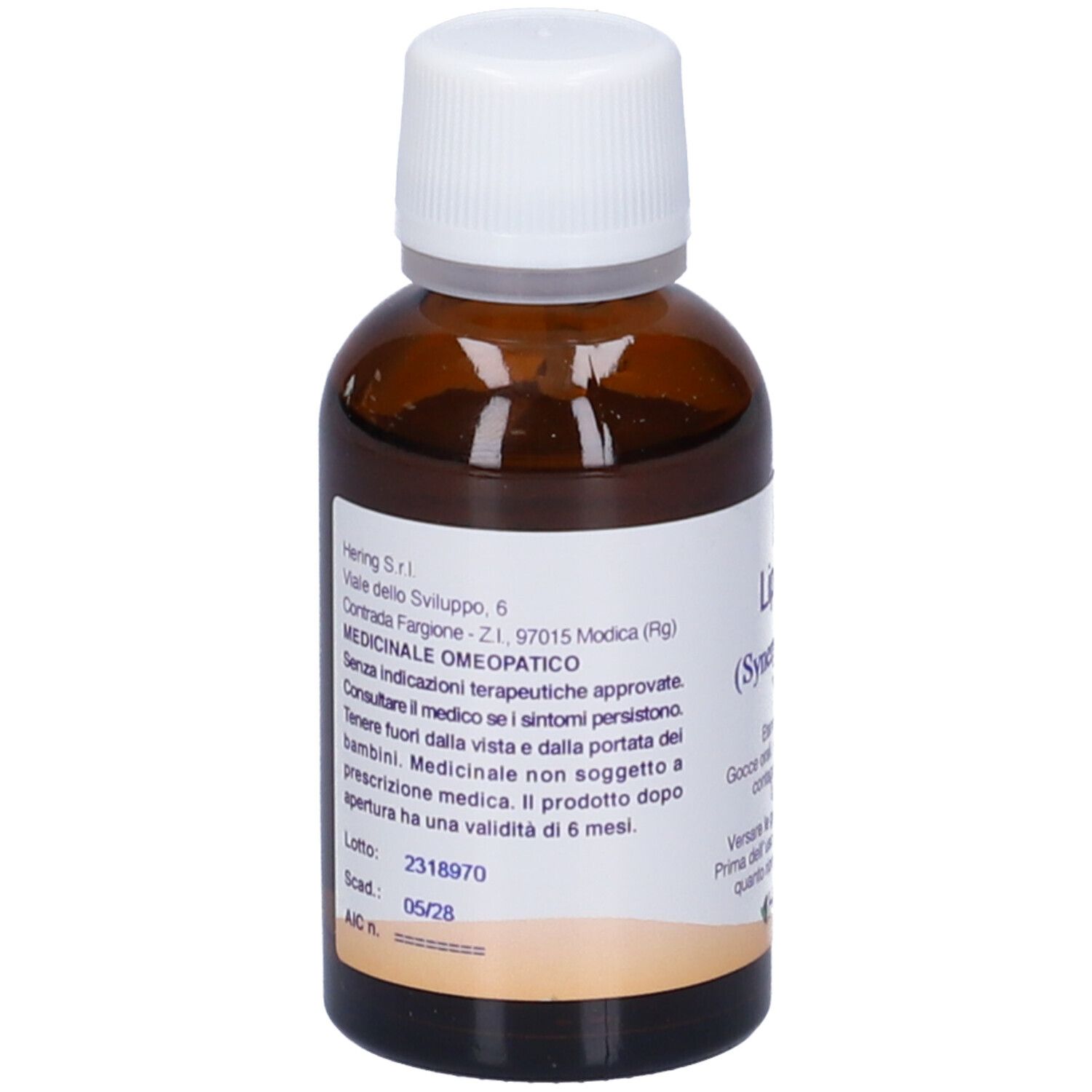 Retro del flacone Lipoplus (Synergiplus n. 517). Etichetta con informazioni sul prodotto. Logo Hering. Numero di lotto e scadenza.
