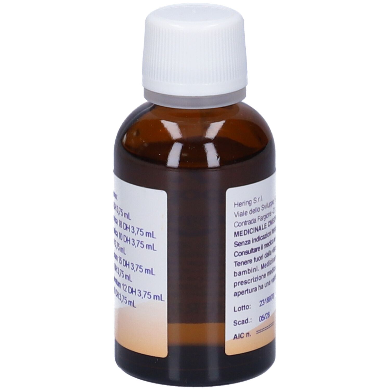 Retro del flacone Lipoplus (Synergiplus n. 517). Etichetta con informazioni sul prodotto. Logo Hering. Numero di lotto e scadenza.