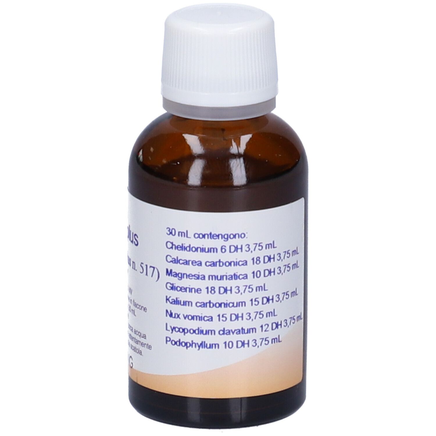 Flacone Lipoplus (Synergiplus n. 517). Etichetta con ingredienti. Logo Hering. Flacone in vetro marrone con tappo bianco.