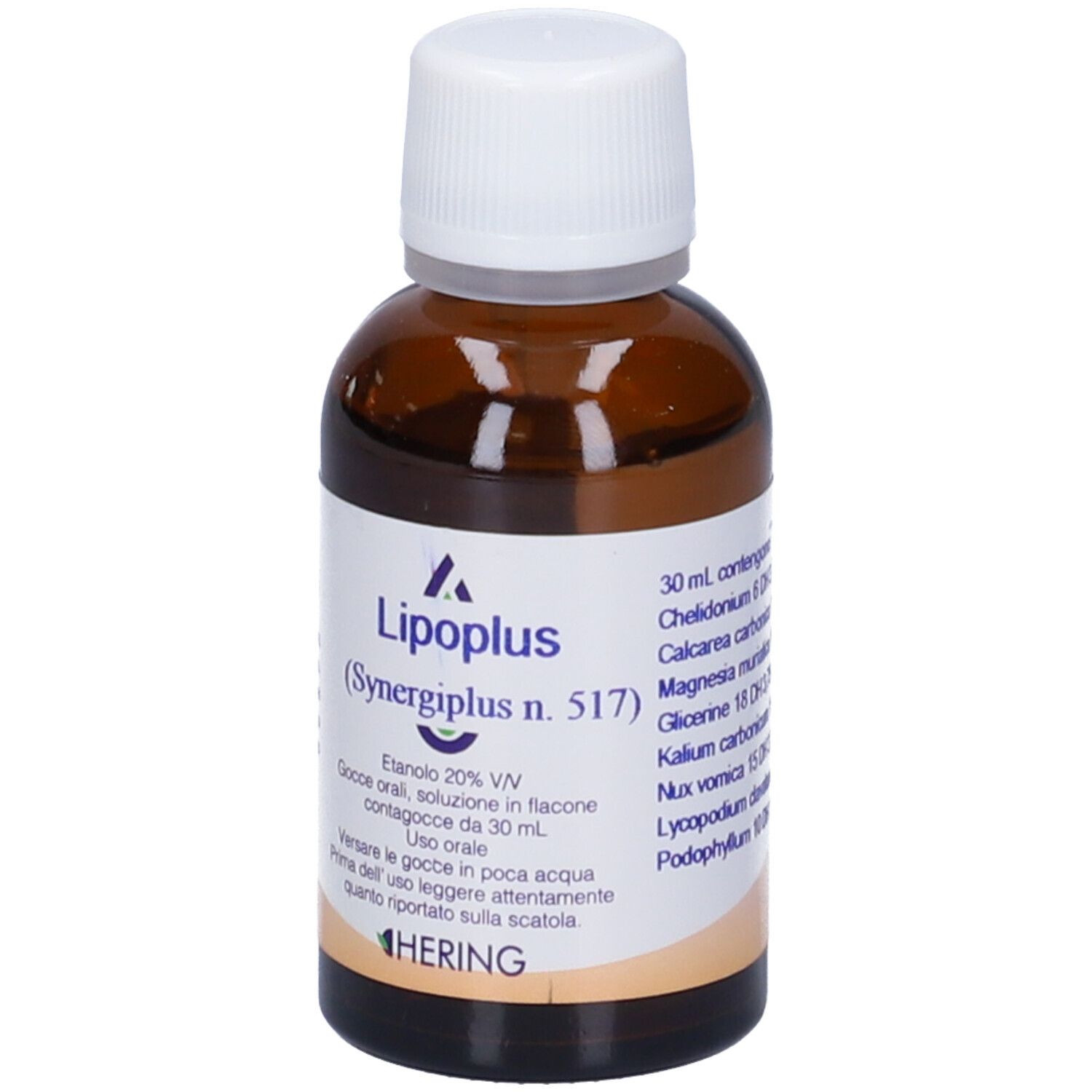 Flacone Lipoplus (Synergiplus n. 517). Etichetta con informazioni sul prodotto. Logo Hering. Flacone in vetro marrone con tappo bianco.