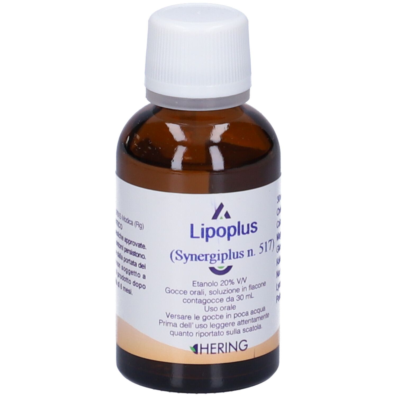 Flacone Lipoplus (Synergiplus n. 517). Etichetta con informazioni sul prodotto. Logo Hering. Flacone in vetro marrone con tappo bianco.