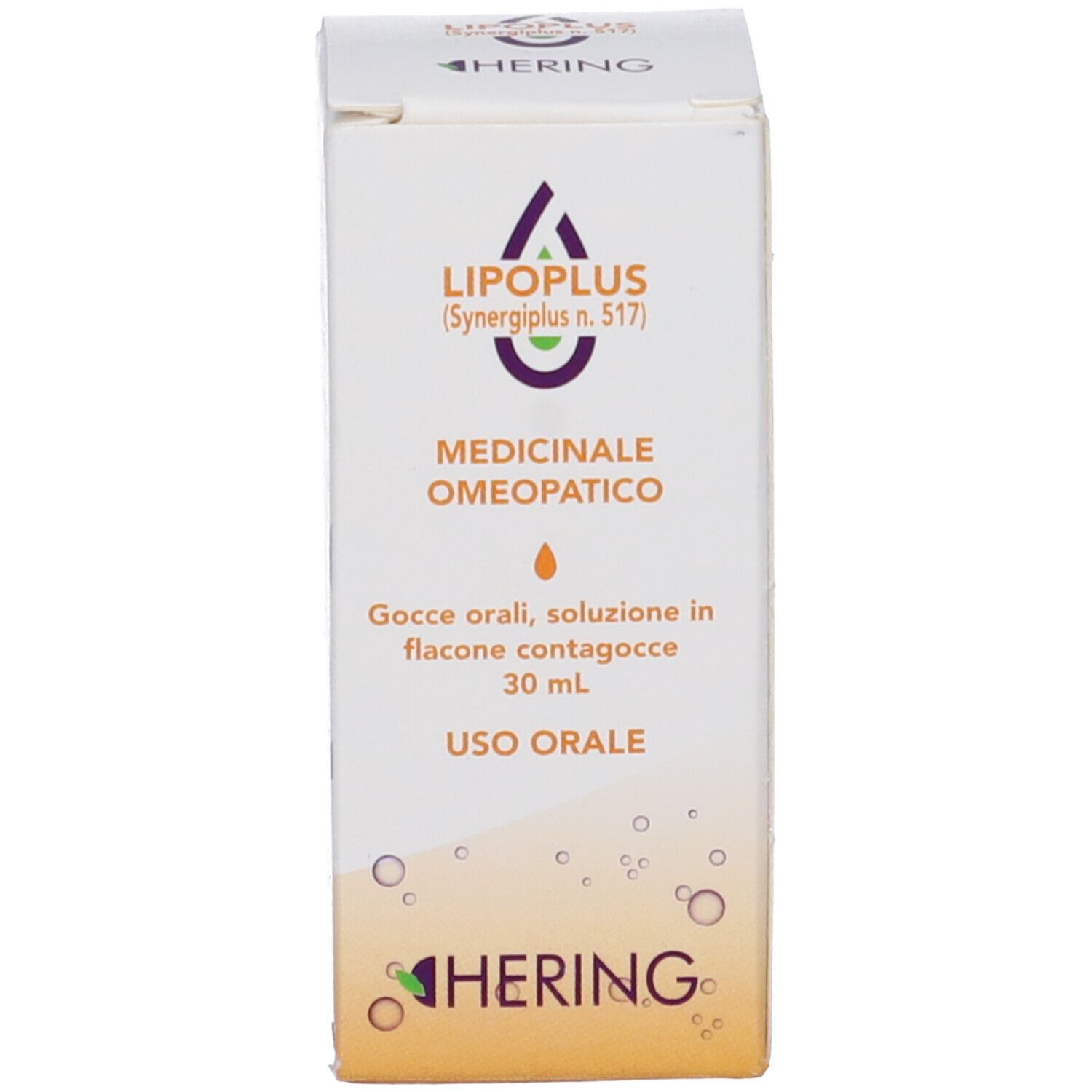 Scatola per Lipoplus (Synergiplus n. 517). Logo, nome del prodotto e testo. Logo Hering. Bianco e viola.