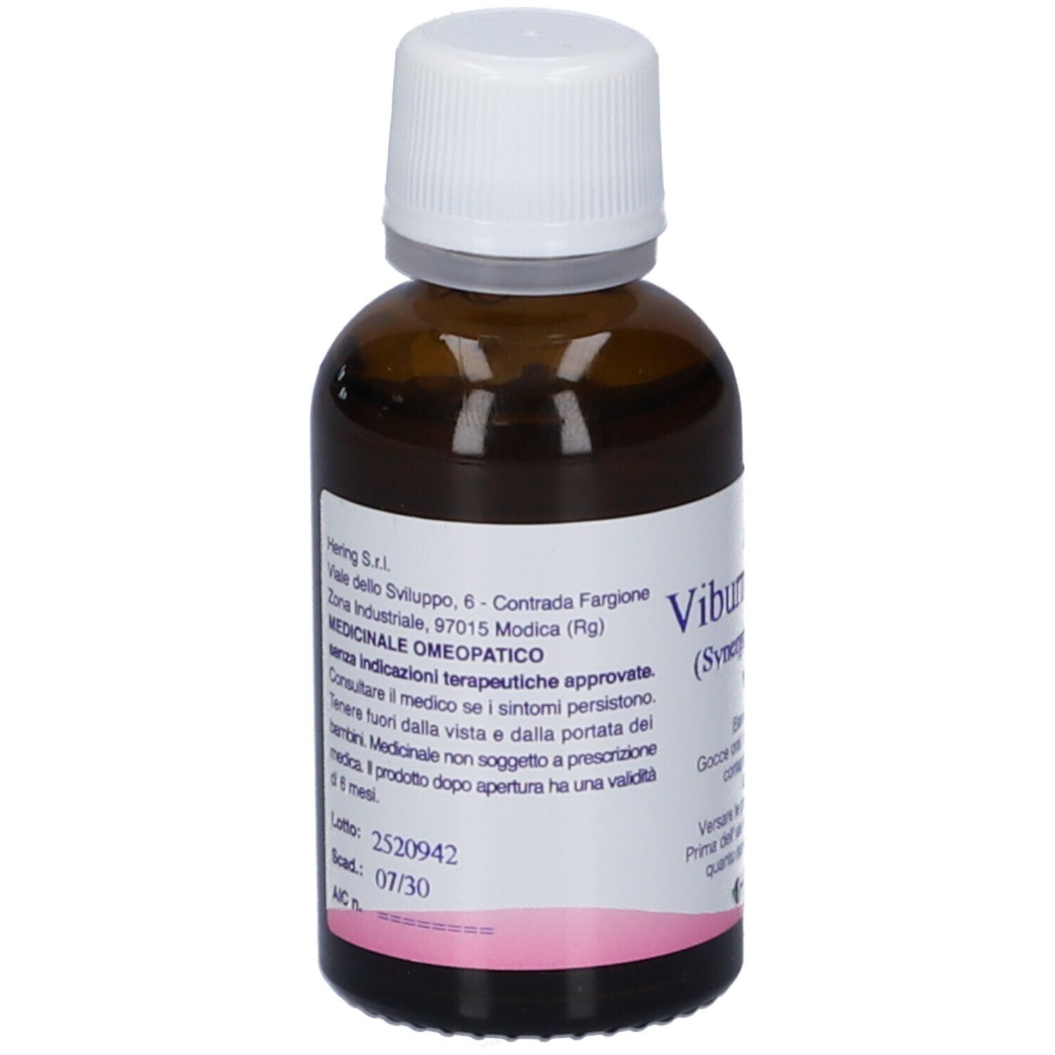 Flacone di vetro marrone con tappo bianco. Scritta: Viburnumplus (Synergiplus n. 704). Hering.