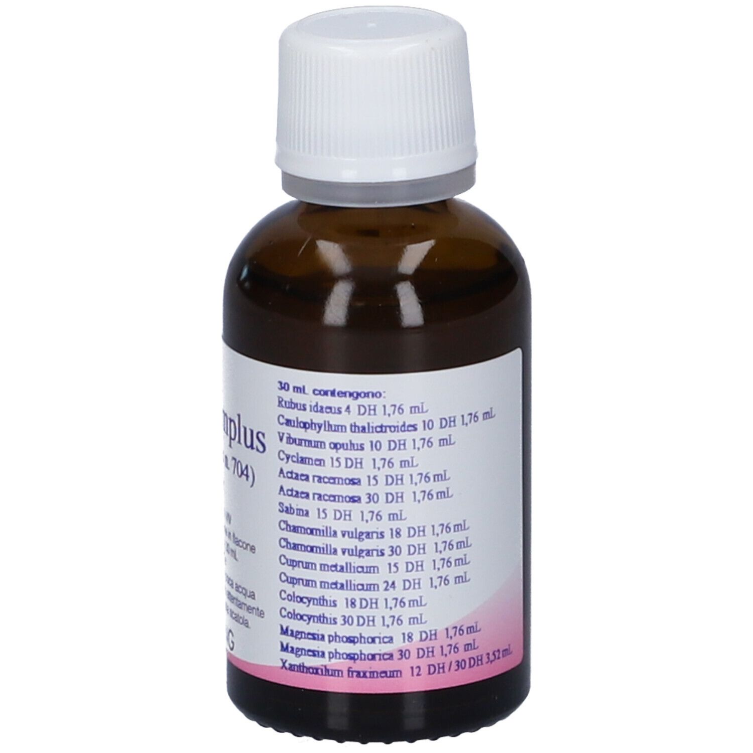 Flacone di vetro marrone con tappo bianco. Scritta: Viburnumplus (Synergiplus n. 704). Hering.