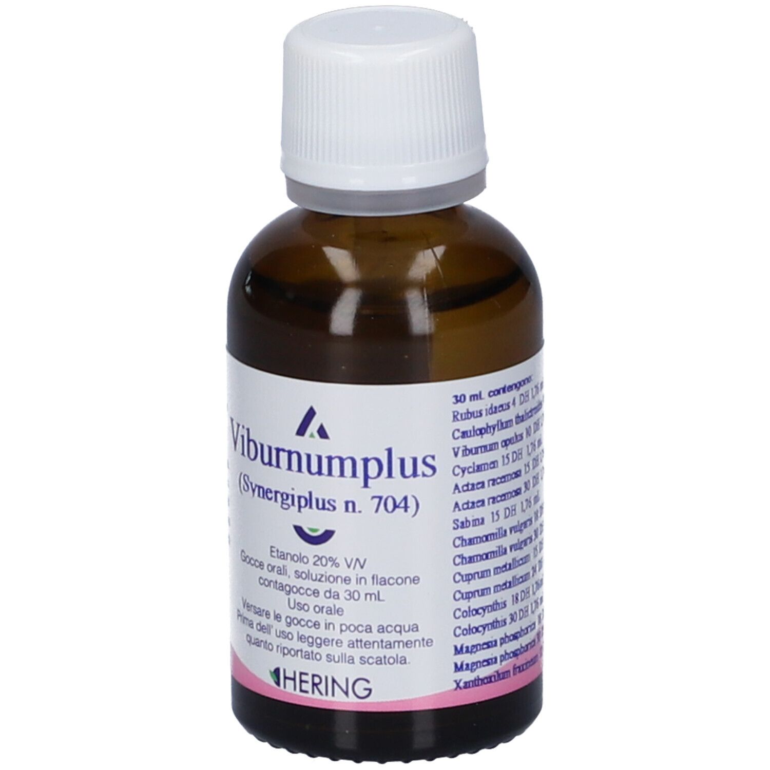 Flacone di vetro marrone con tappo bianco. Scritta: Viburnumplus (Synergiplus n. 704). Hering.