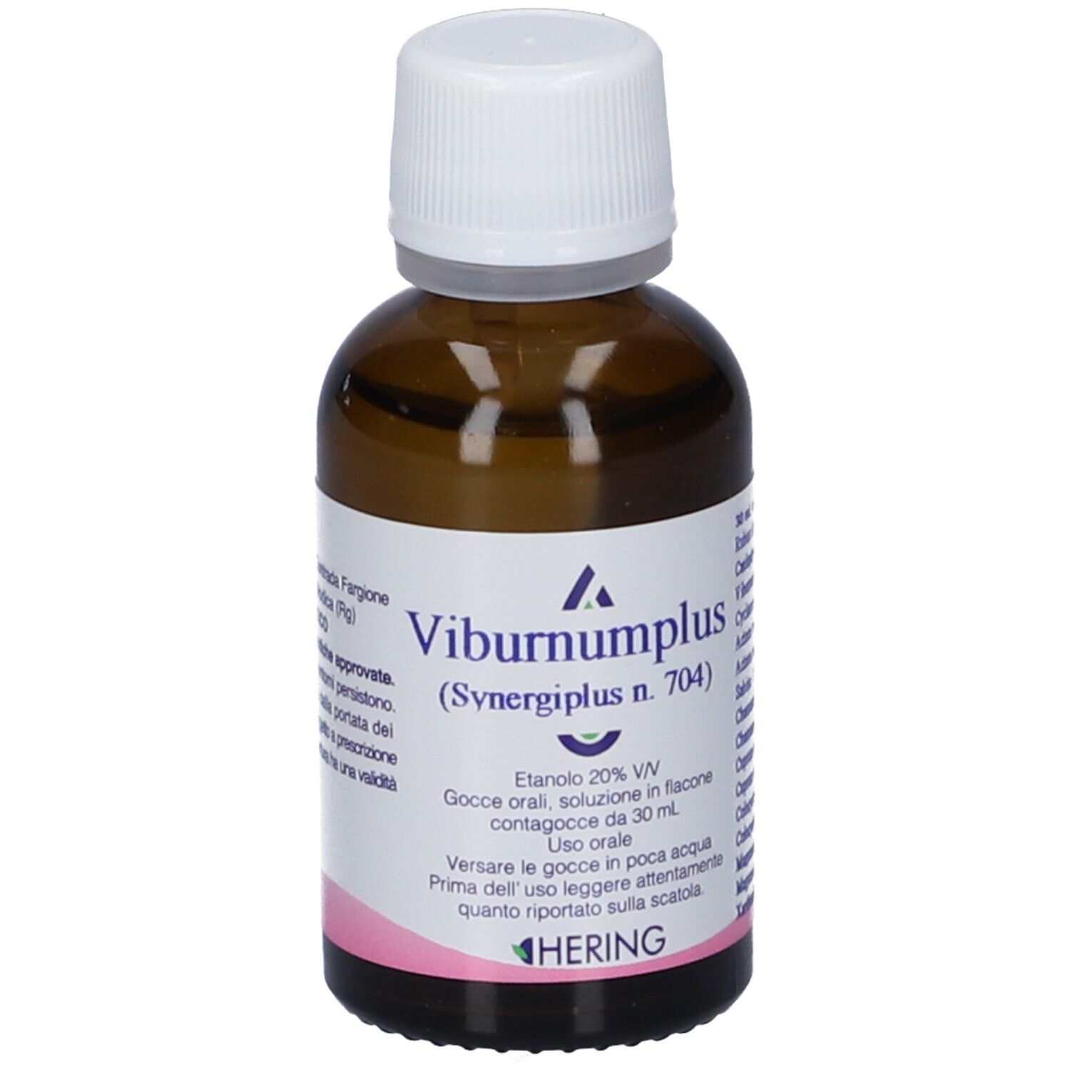 Flacone di vetro marrone con tappo bianco. Scritta: Viburnumplus (Synergiplus n. 704). Hering.
