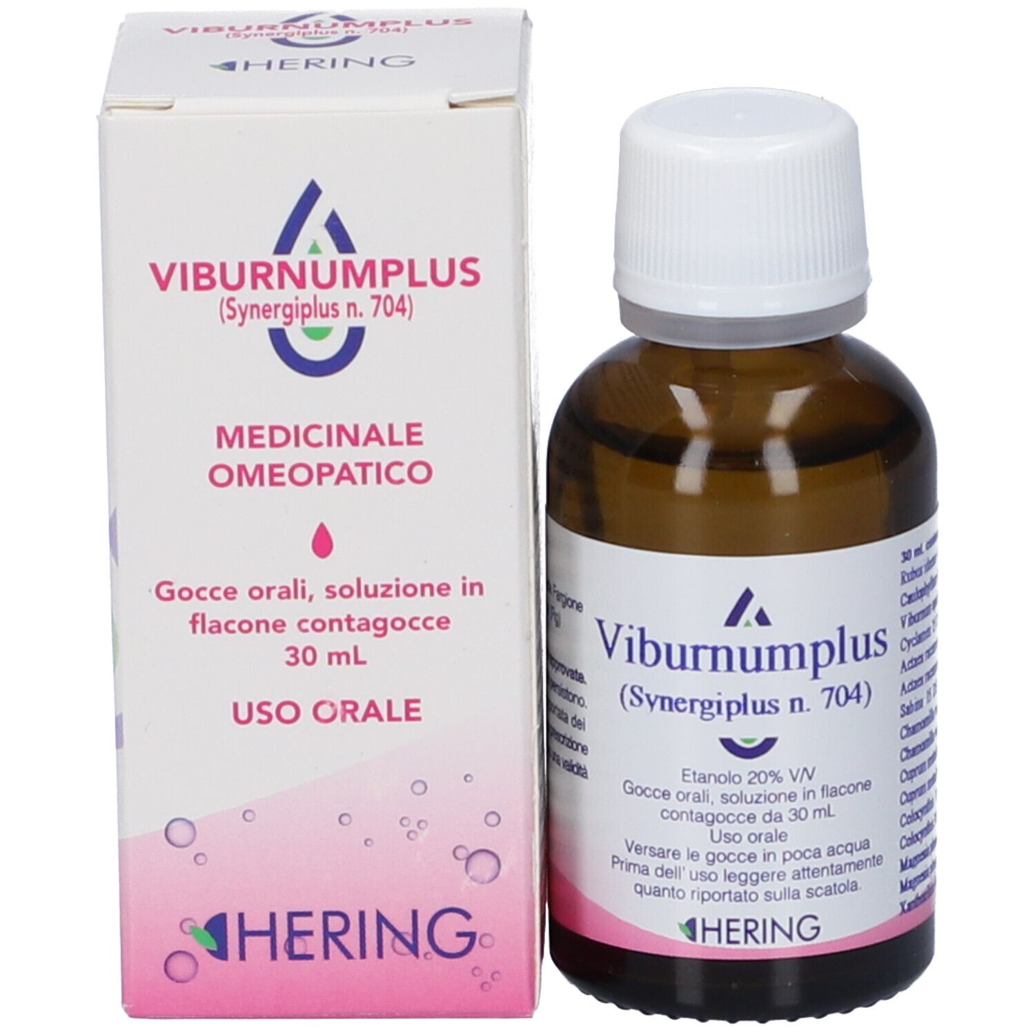 Flacone di vetro marrone e scatola. Scritta: Viburnumplus (Synergiplus n. 704). Hering.