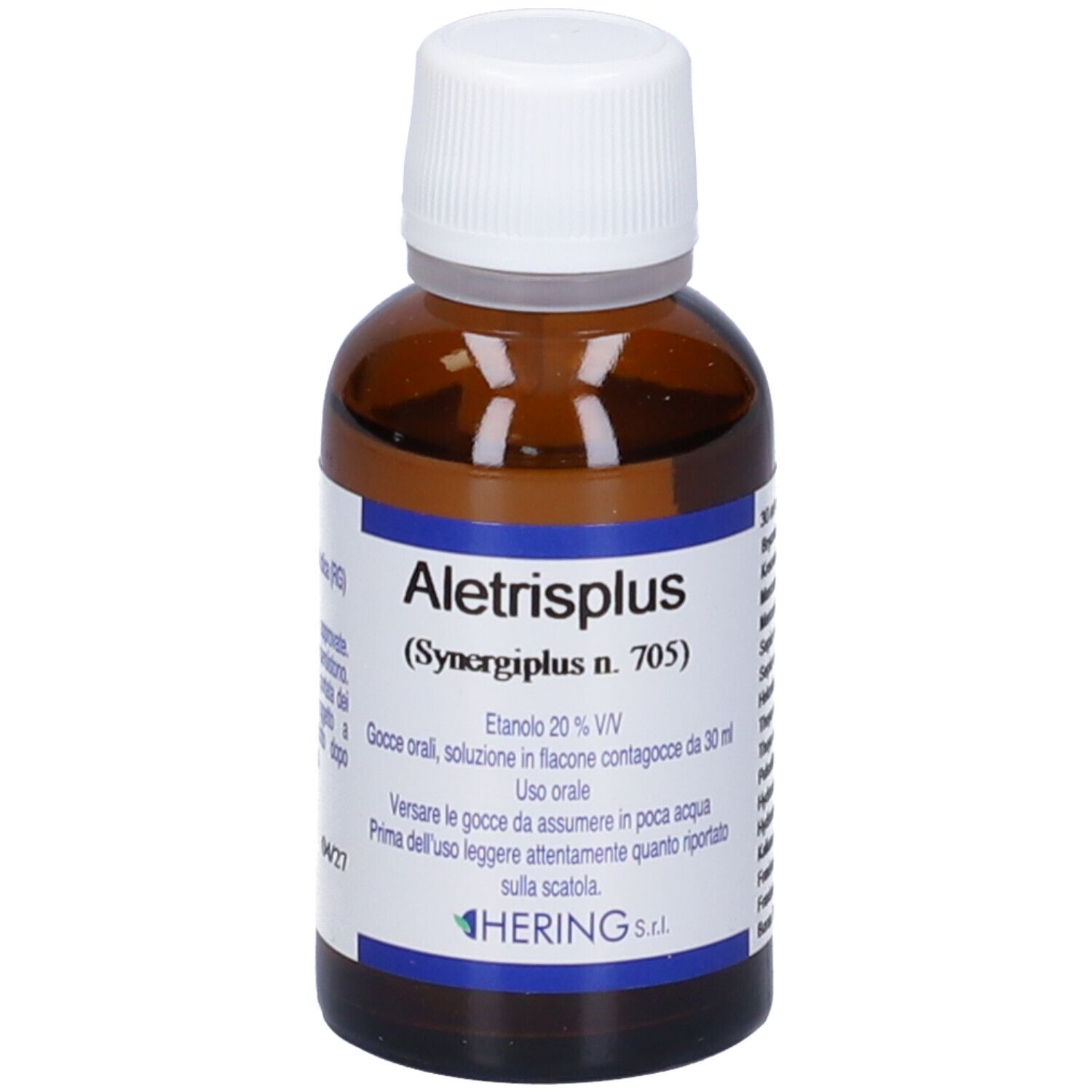 Flacone in vetro marrone con tappo bianco. Scritta: Aletrisplus (Synergiplus n. 705). Marchio: Hering.