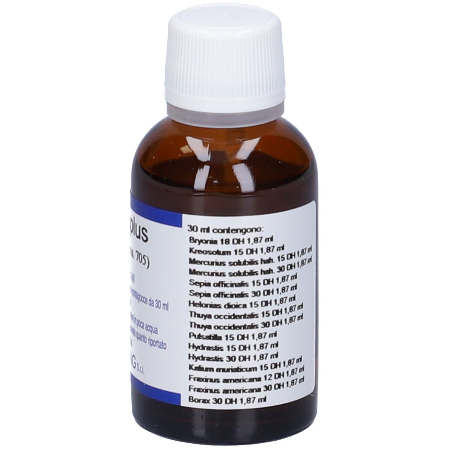 Flacone in vetro marrone con tappo bianco. Scritta: Aletrisplus (Synergiplus n. 705). Marchio: Hering.