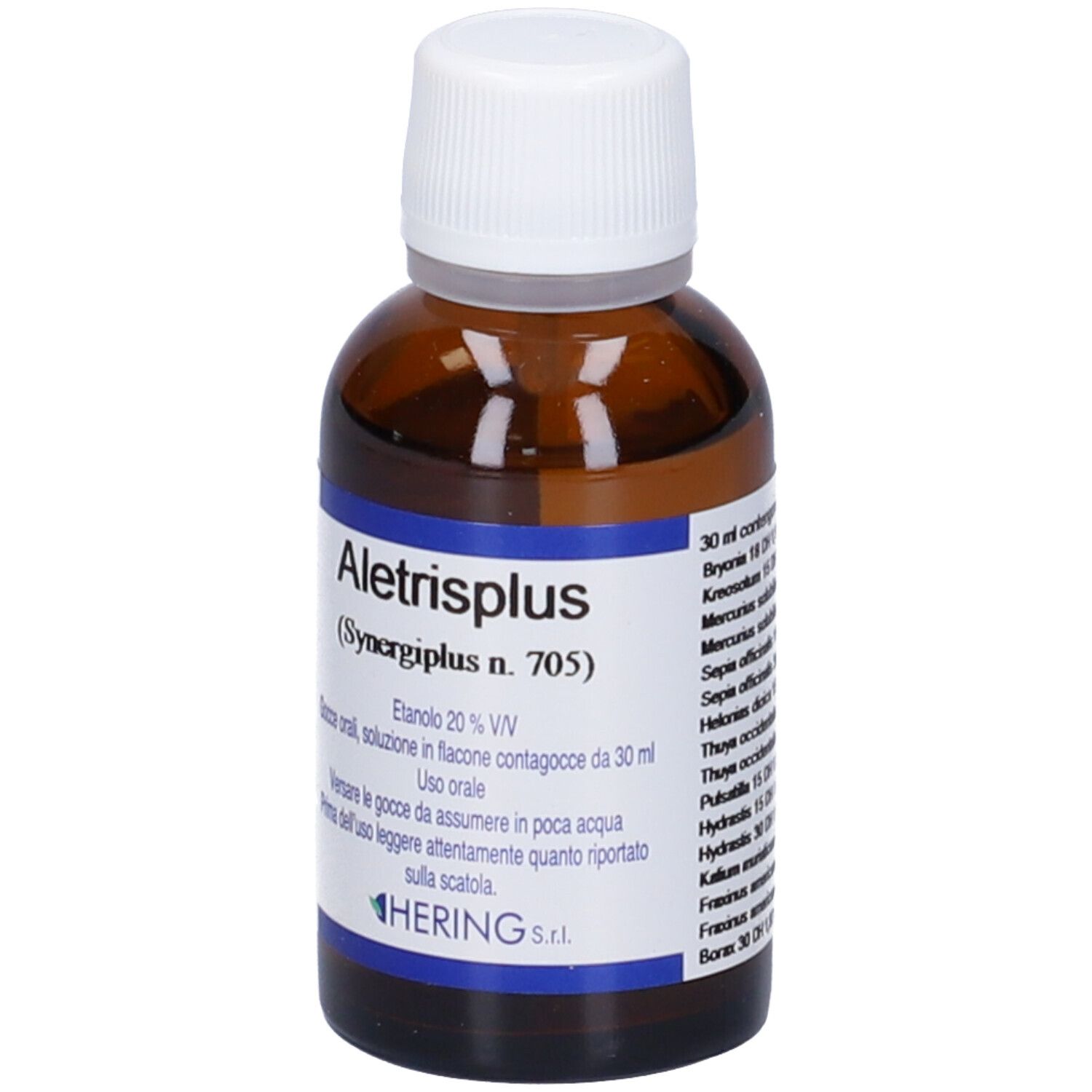 Flacone in vetro marrone con tappo bianco. Scritta: Aletrisplus (Synergiplus n. 705). Marchio: Hering.