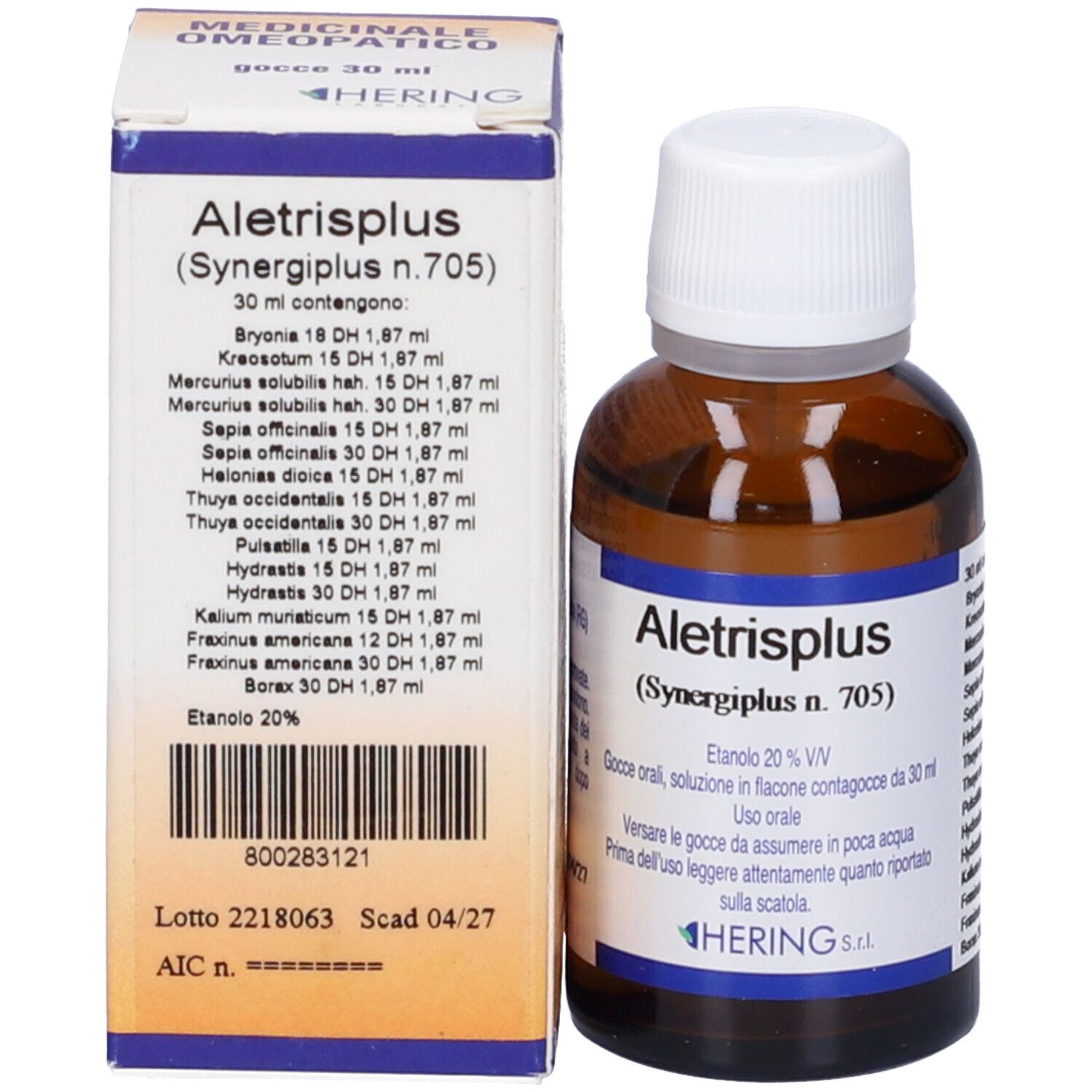 Flacone e scatola in vetro marrone. Scritta: Aletrisplus (Synergiplus n.705). Marchio: Hering.
