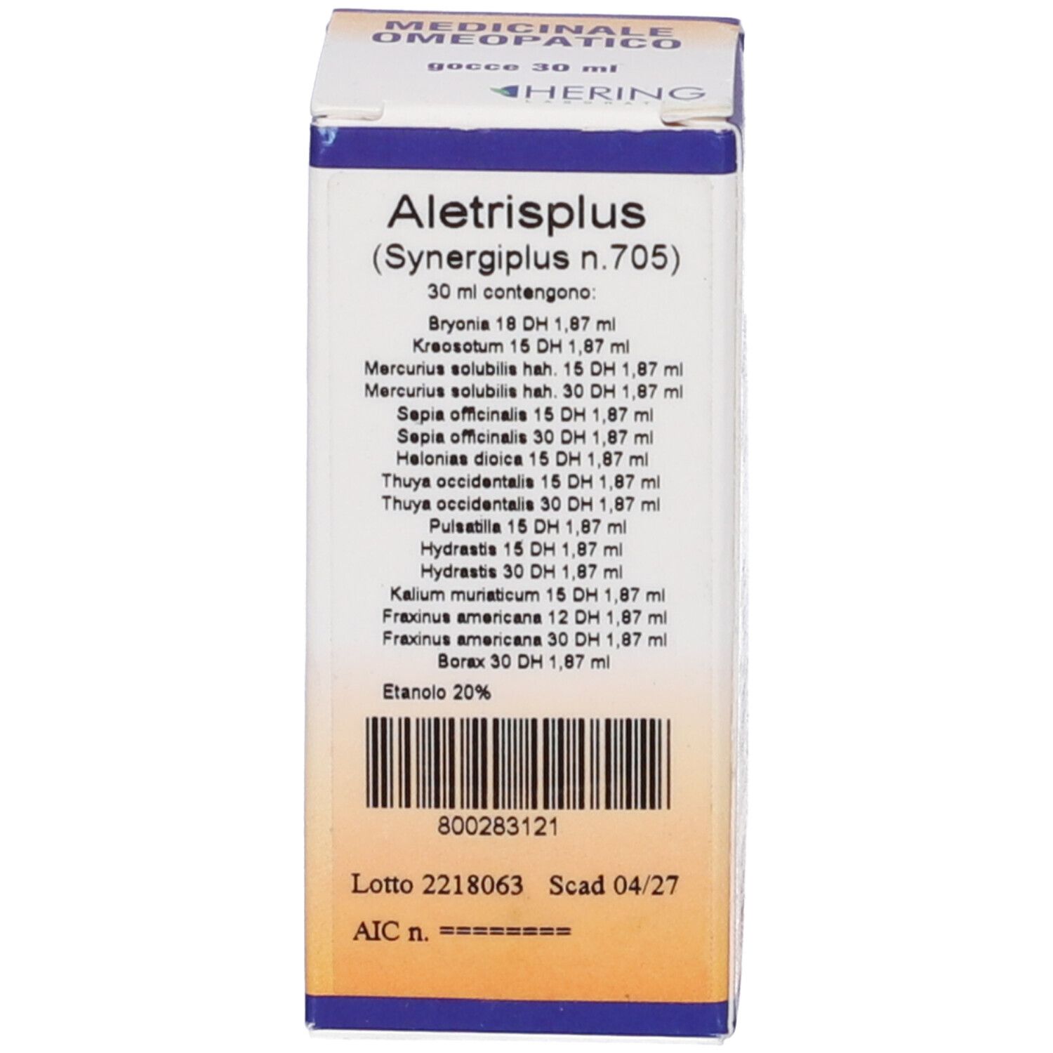 Scatola con scritta: Aletrisplus (Synergiplus n.705). Contiene ingredienti. Marchio: Hering.