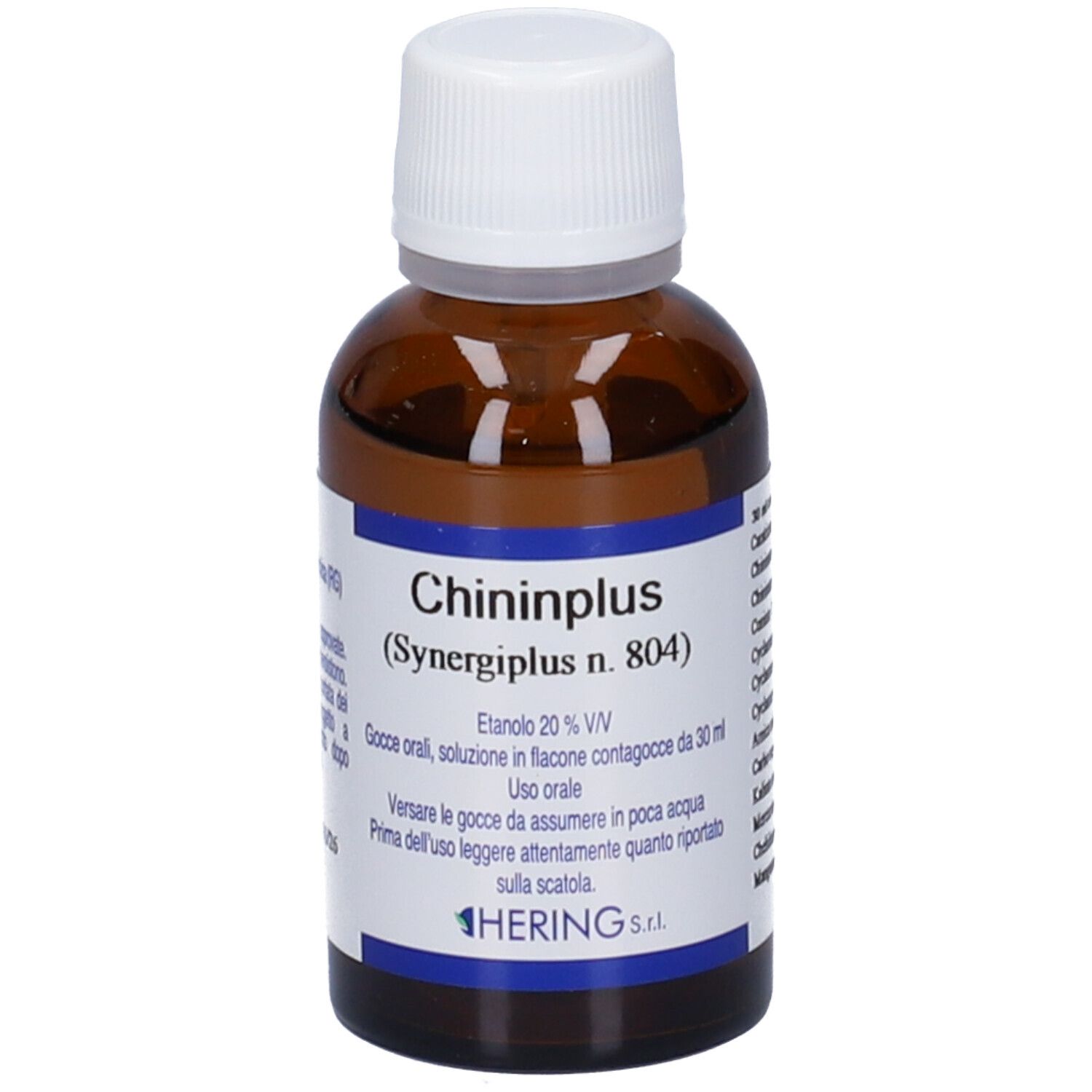Flacone di vetro marrone con tappo bianco. Scritta "Chininplus (Synergiplus n. 804)". Etichetta con informazioni.