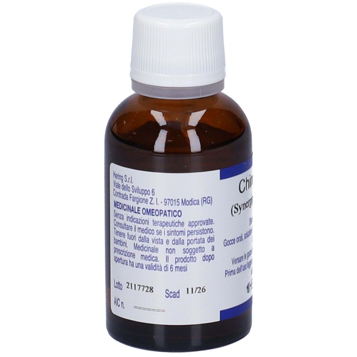 Flacone di vetro marrone con tappo bianco. Etichetta con testo: "Chininplus (Synergiplus n. 804)". Ulteriori informazioni sull'etichetta.