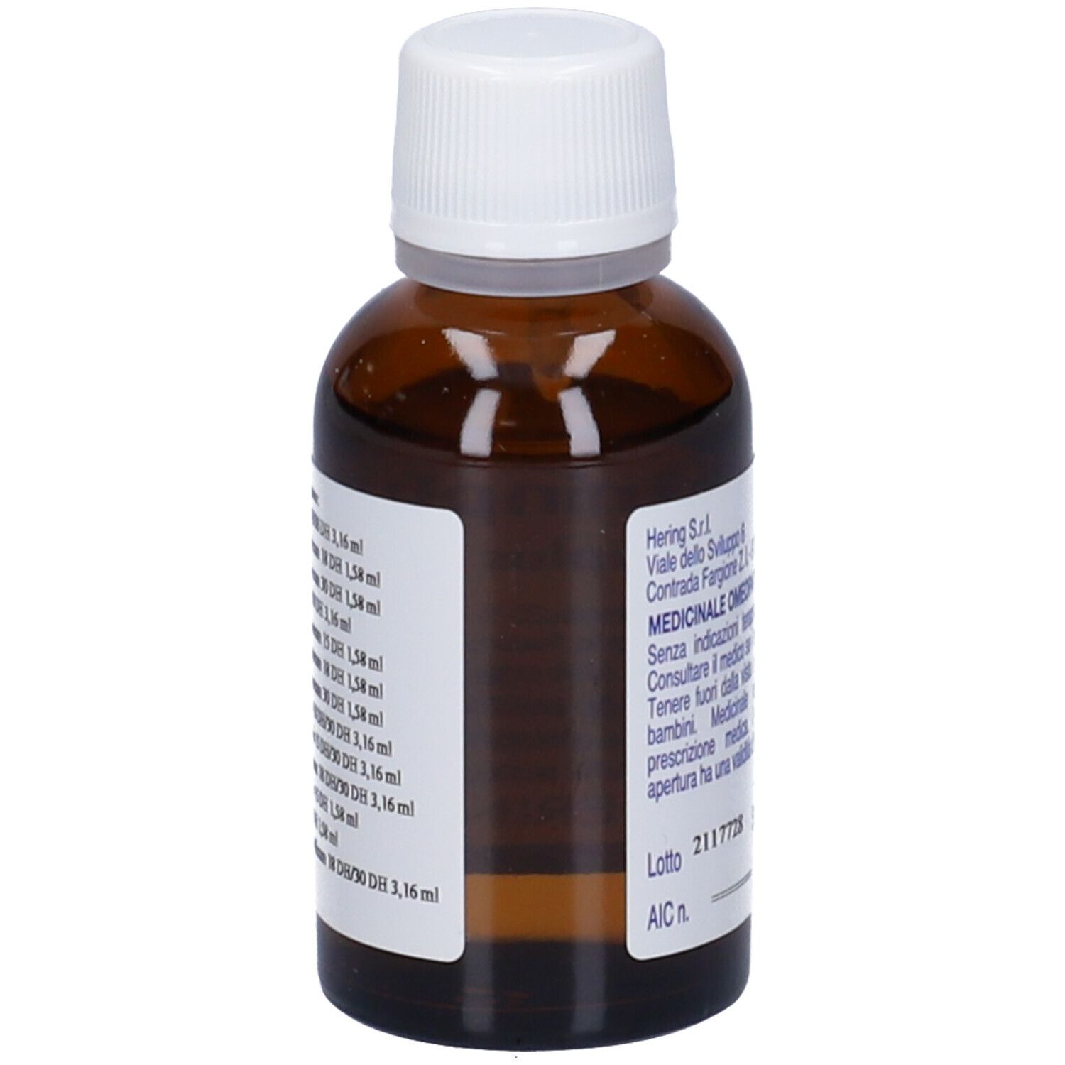 Flacone di vetro marrone con tappo bianco. Etichetta con testo e ingredienti. Scritta "Chininplus (Synergiplus n. 804)".