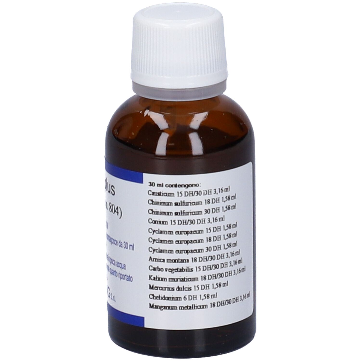 Flacone di vetro marrone con tappo bianco. Etichetta con ingredienti e testo. Scritta "Chininplus (Synergiplus n. 804)".