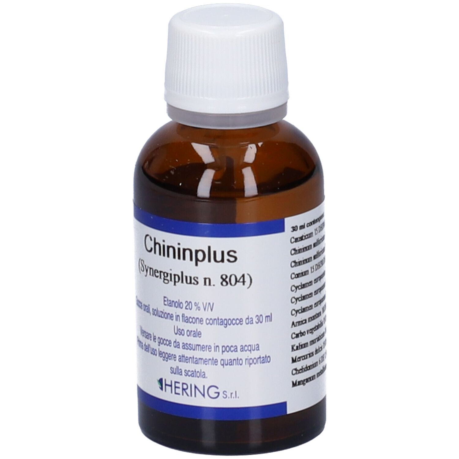 Flacone di vetro marrone con tappo bianco. Scritta "Chininplus (Synergiplus n. 804)". Etichetta con ingredienti e testo.